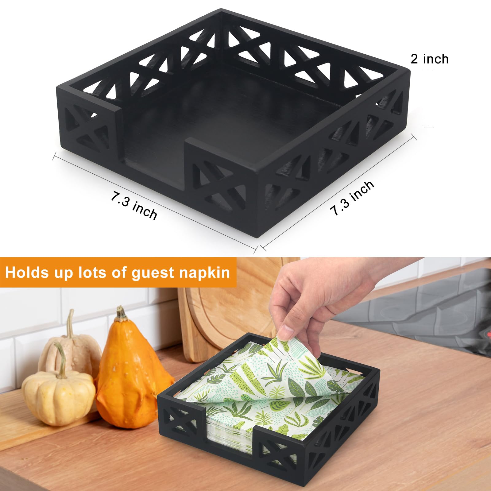 Square Wooden Boho Napkin Holder - Flat Table Tray for Paper & Cloth Napkins, Kitchen & Bathroom Counter Organizer - Perfect for Dining Table, Cocktail Party & Home Decor