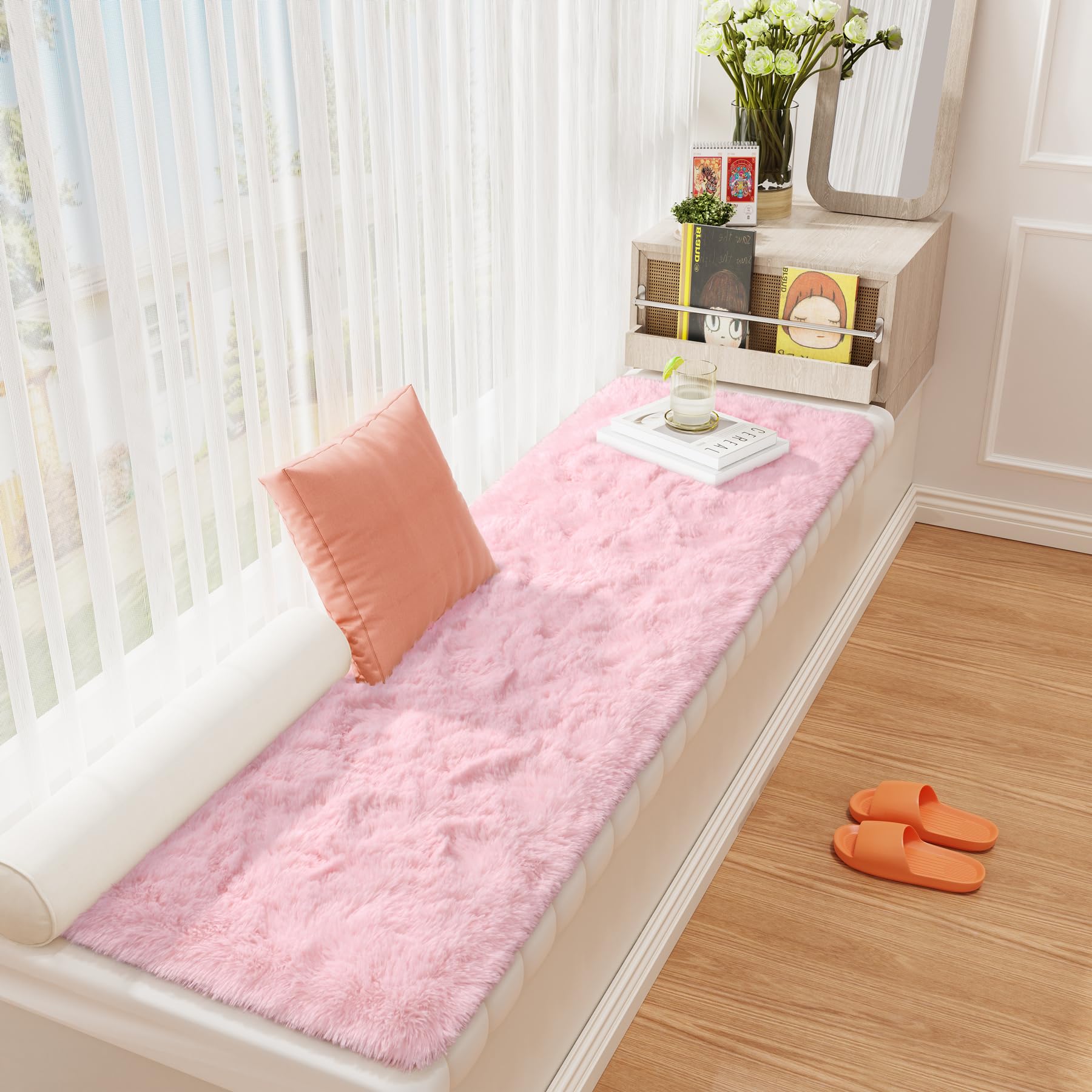 Keeko Pink Shaggy Runner Rug 2x6 Feet - Soft Fluffy Bedside Carpet for Girls Bedroom, Nursery, Kids Room & Teen Dorm Decor | Cozy Modern Area Rug for Living Room, Playroom & Indoor Use
