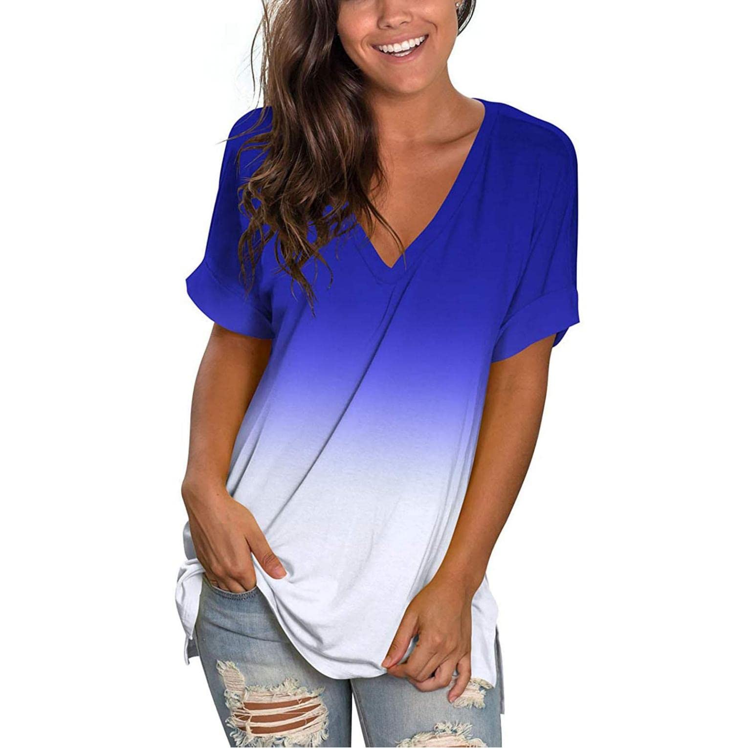 Trendy Women's Summer Short Sleeve V-Neck T-Shirts - Lace Casual Tops, Loose Comfort Fitting Blouse for Everyday Wear, Outings & Casual Office Looks