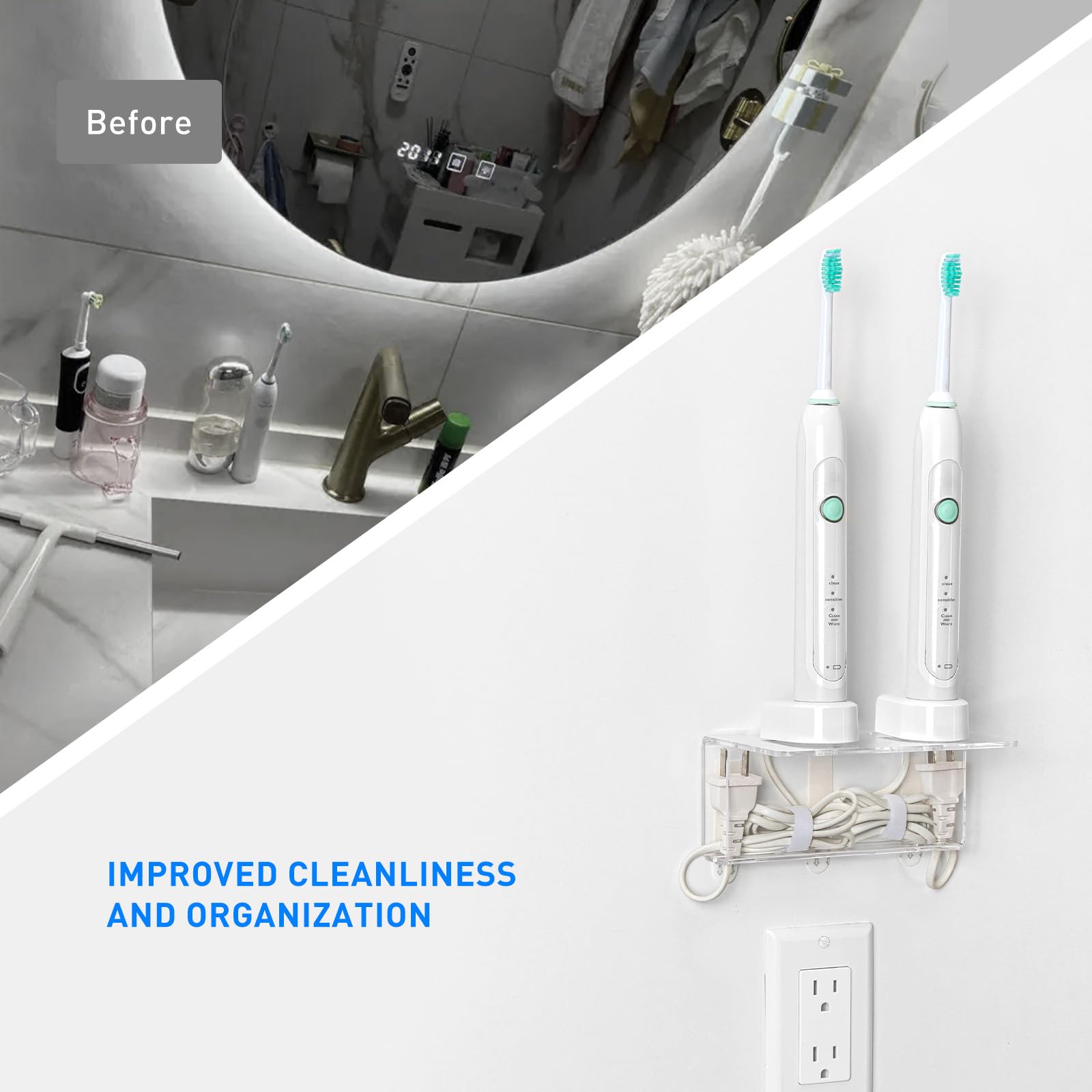 OAPRIRE Acrylic Wall Mount Electric Toothbrush Holder with Cable Organizer - Space Saving Bathroom Organizer for Oral Care Essentials (Perfect for Small Bathrooms & Convenient Charging Stations)