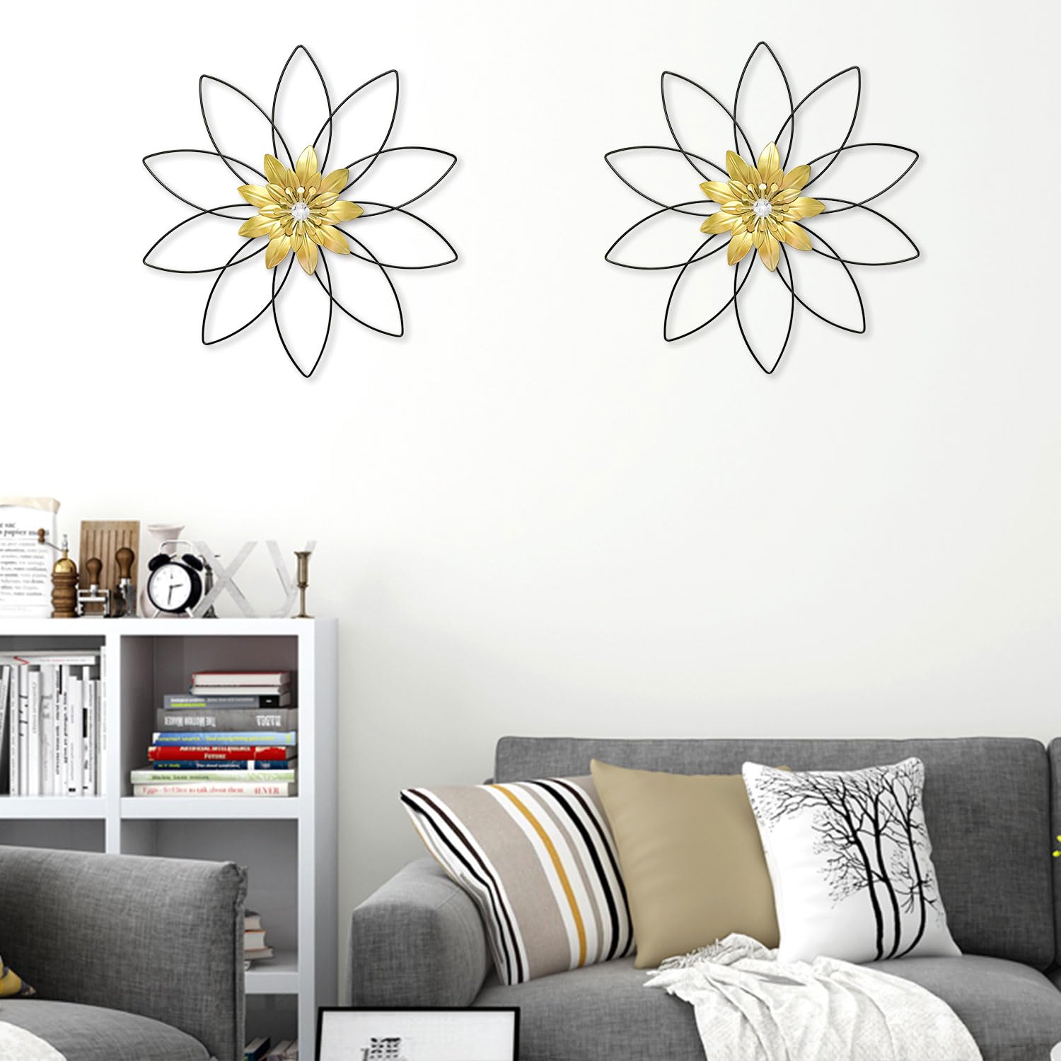 2-Pack Black Metal Flower Wall Decor Sculpture - Elegant Patio, Balcony, Living Room, Bathroom, Bedroom & Dining Room Wall Art - Perfect for Home & Garden Decorating