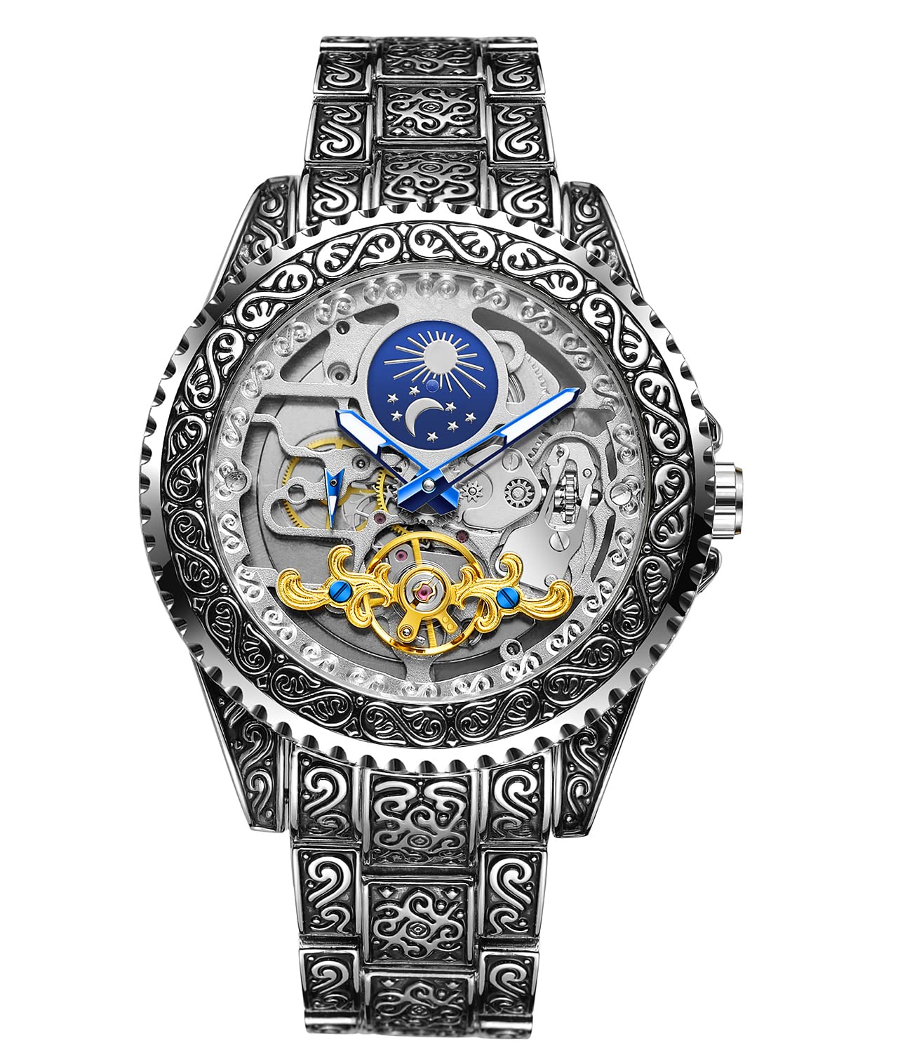 Mechanical Skeleton Watch for Men - Auto Wind Moonphase - Tattoo Pattern - FH094 - Perfect for Formal & Casual Wear