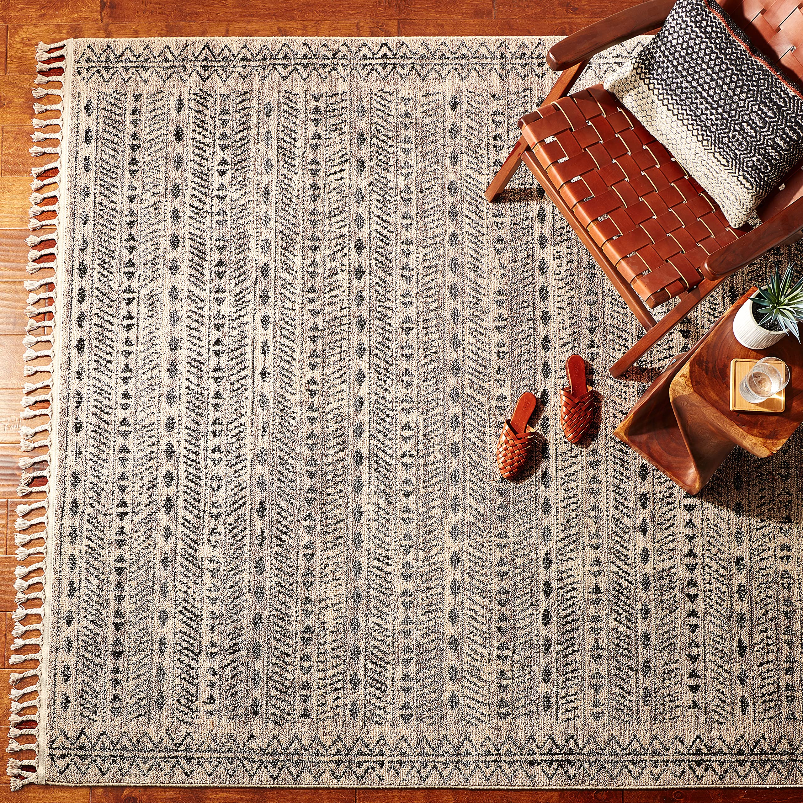 nuLOOM Akua Ethnic Bands Tassel Area Rug 8x10 Ivory - Bohemian Chic Living Room Decor, Bedroom Accent Rug for Cozy Home Style