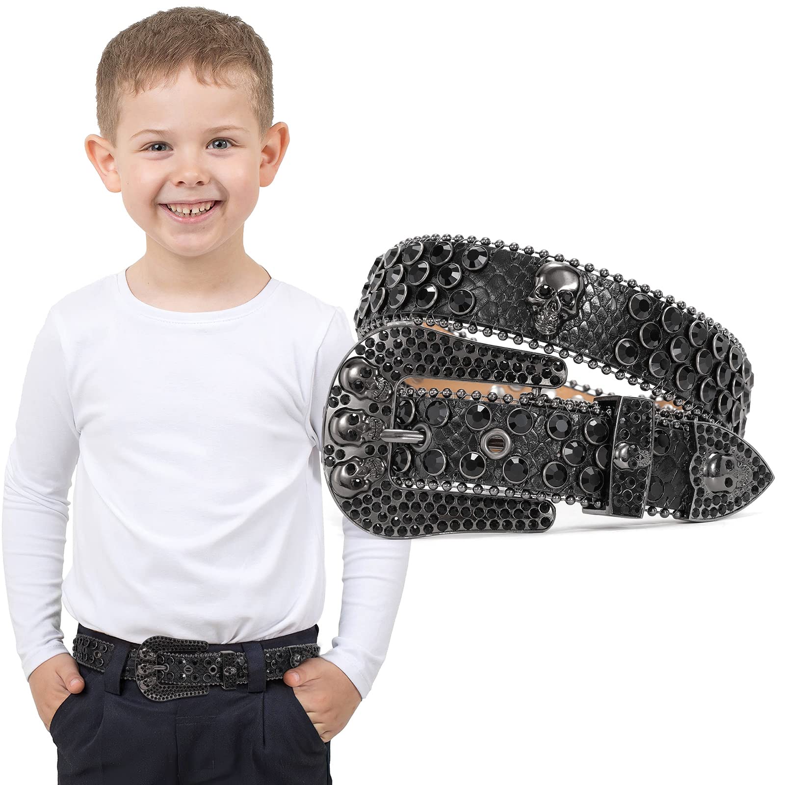 SUOSDEY Rhinestone Skull Belt for Kids - Stylish Western Bling Leather Belt for Boys & Girls - Perfect Cowboy Cowgirl Accessory for Jeans & Pants | Great for Parties, Rodeos & Western Fashion
