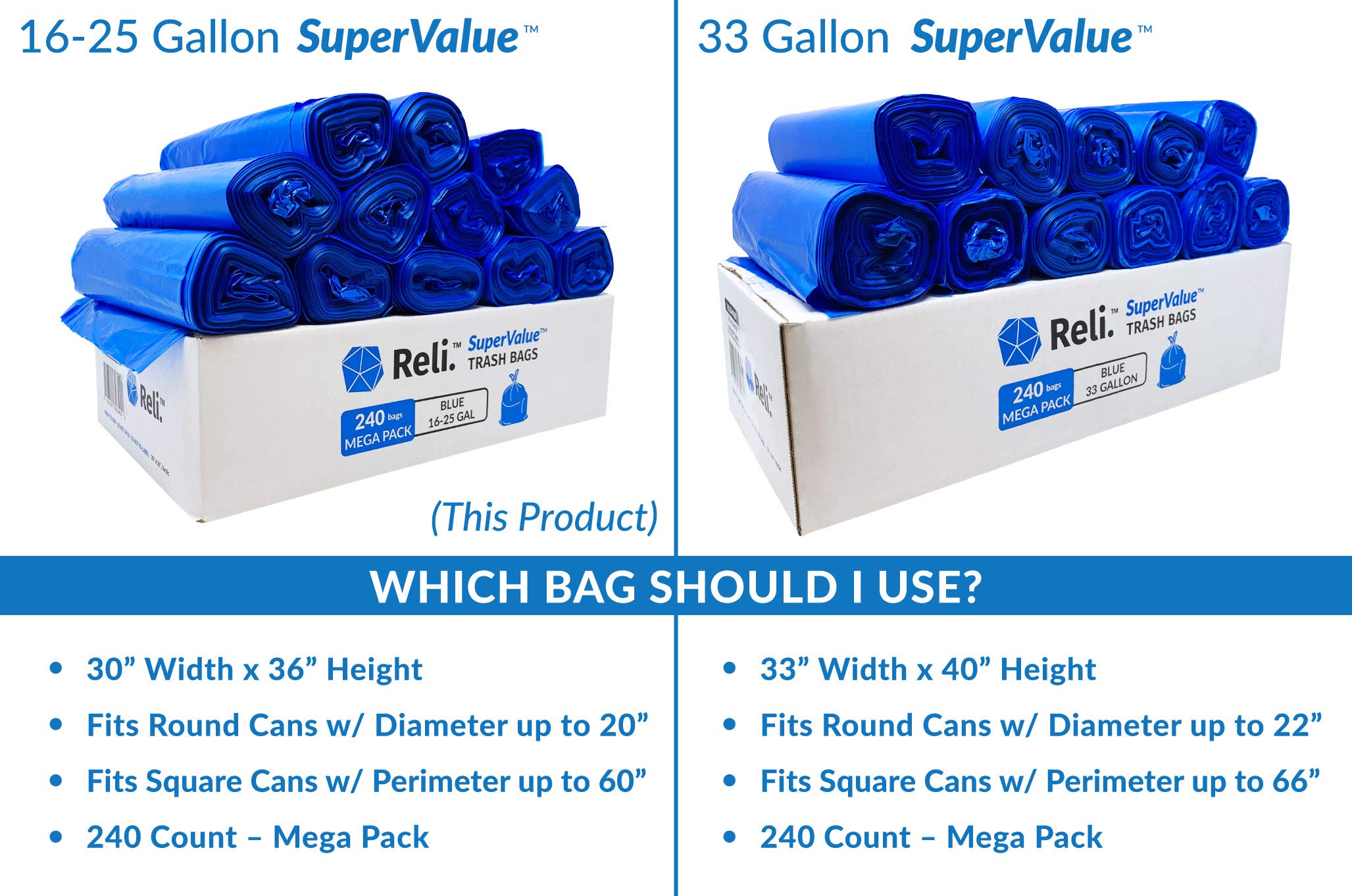Reli. SuperValue 16-25 Gallon Heavy Duty Recycling Bags | 240 Count Bulk Pack | Blue Trash Bags for Home, Office & Outdoor Use | Eco-Friendly Waste Disposal Solution