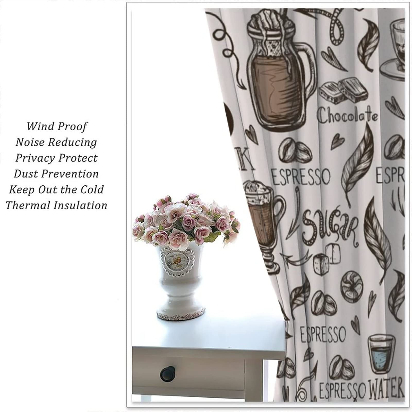 Blackout Coffee Silhouette Curtains for Kitchen & Living Room - 42x54 Inch Window Door Rod Pocket Drapes with Various Coffee Cup Designs | Perfect for Home Decor, Cafe Style, and Light Blocking