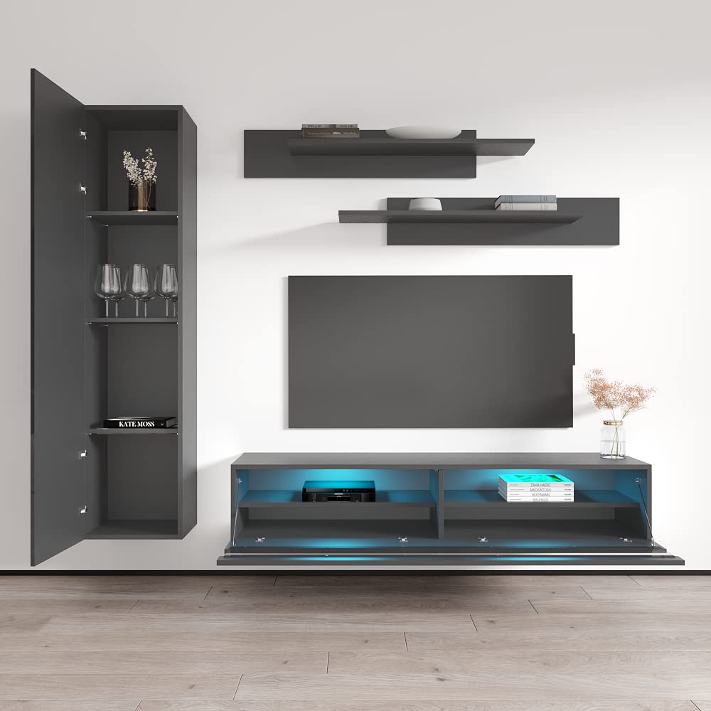 Modern Wall-Mounted TV Stand with Storage Shelves & LED Lights - Fly G 35 Entertainment Center Console for Living Room & Bedroom - Space-Saving Gray TV Cabinet (Perfect for Small Apartments & Home Theater Setups)