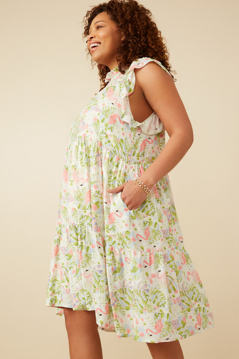 Women's Floral Flamingo Print Smocked Ruffled Summer Dress - Perfect for Beach Vacations, Pool Parties & Tropical Getaways