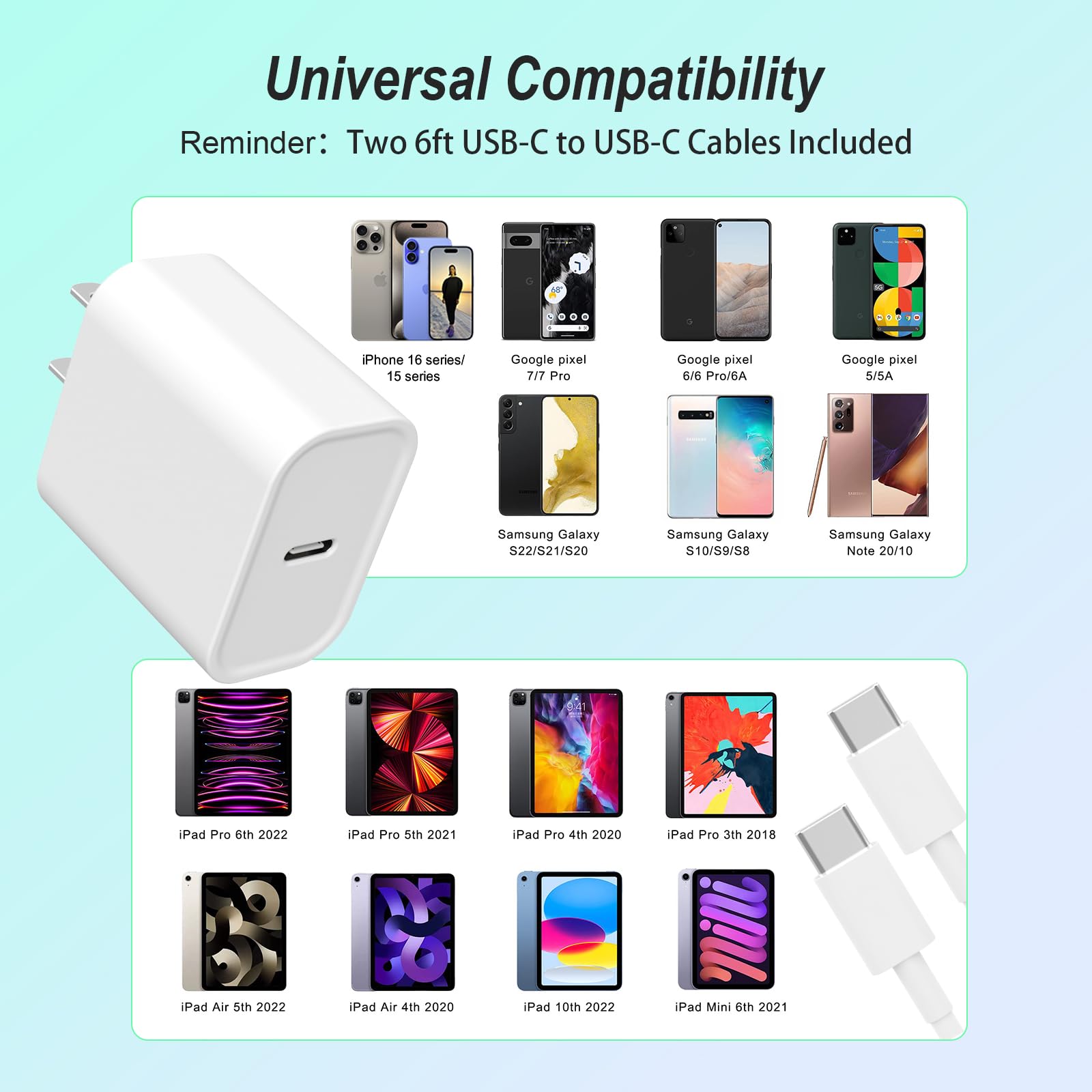 20W USB C Fast Charger 2-Pack with 6FT USB-C to C Cables - Compatible with iPhone 16/15 Series, iPad Pro/Air/Mini, Galaxy & AirPods Pro - Perfect for Home, Office & Travel Charging
