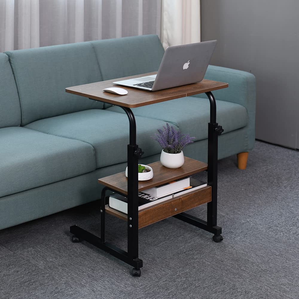 Adjustable Overbed Table with Wheels - Portable Laptop Cart for Sofa & Bedside - 15.7 x 31.5 Inch Oak Tray Table with Open Shelf - Perfect for Home Office, Hospital, Dorm Room & Small Spaces