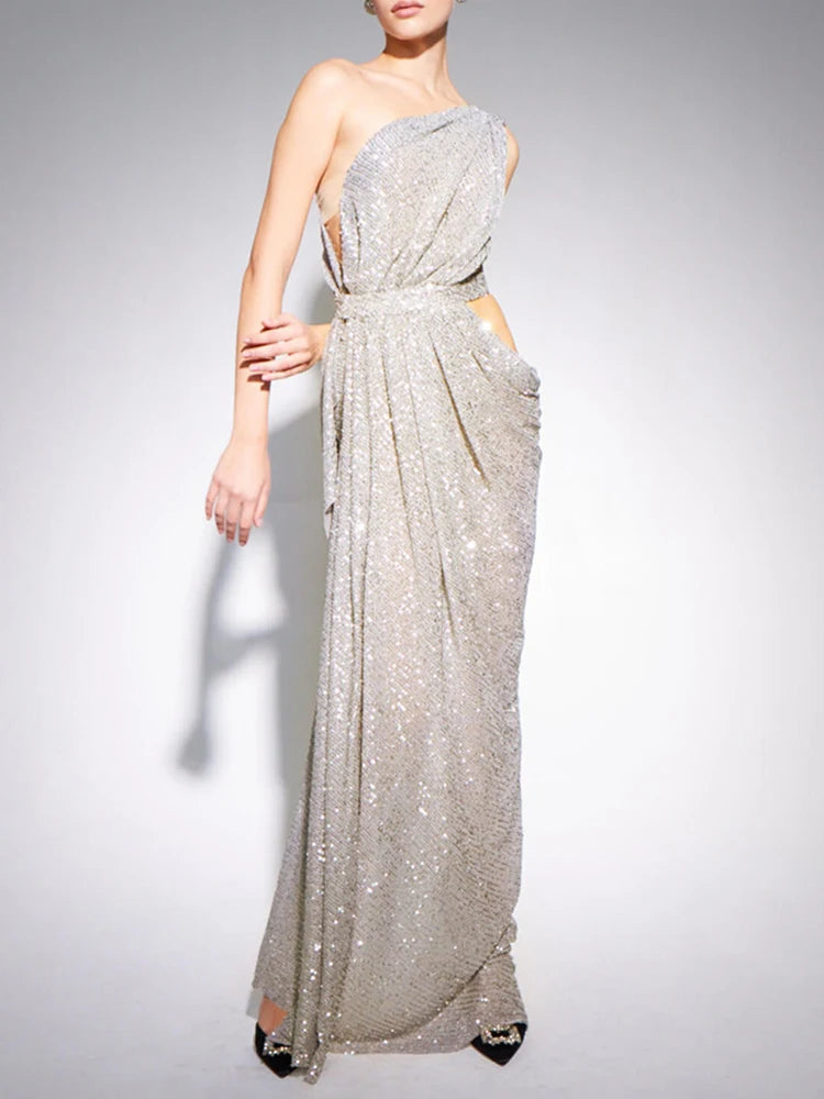 Elegant Backless Sequin Formal Dress for Women - Diagonal Collar Sleeveless High Waist Folding Gown, Solid Color Evening Wear (2024 New) | Perfect for Prom, Cocktail Parties, Weddings & Special Occasions