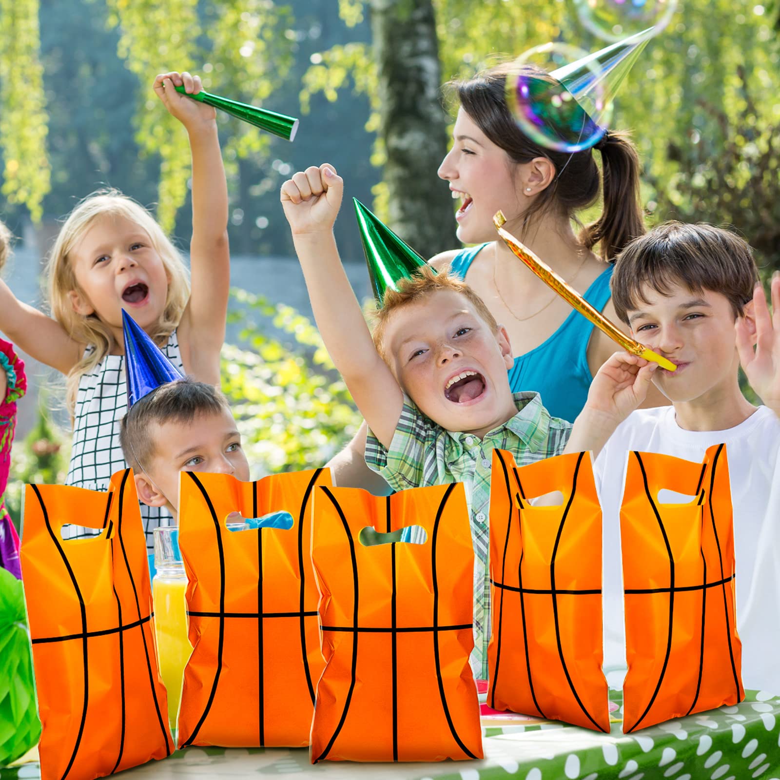 Sinmoe 100 Pcs Basketball Party Favor Bags - Plastic Treat Candy Bags for Kids Birthday Party, Sports Theme Gift Supplies (6.5 x 9.84 Inches) - Perfect for Basketball Birthday Parties, Team Celebrations & Game Day Snacks