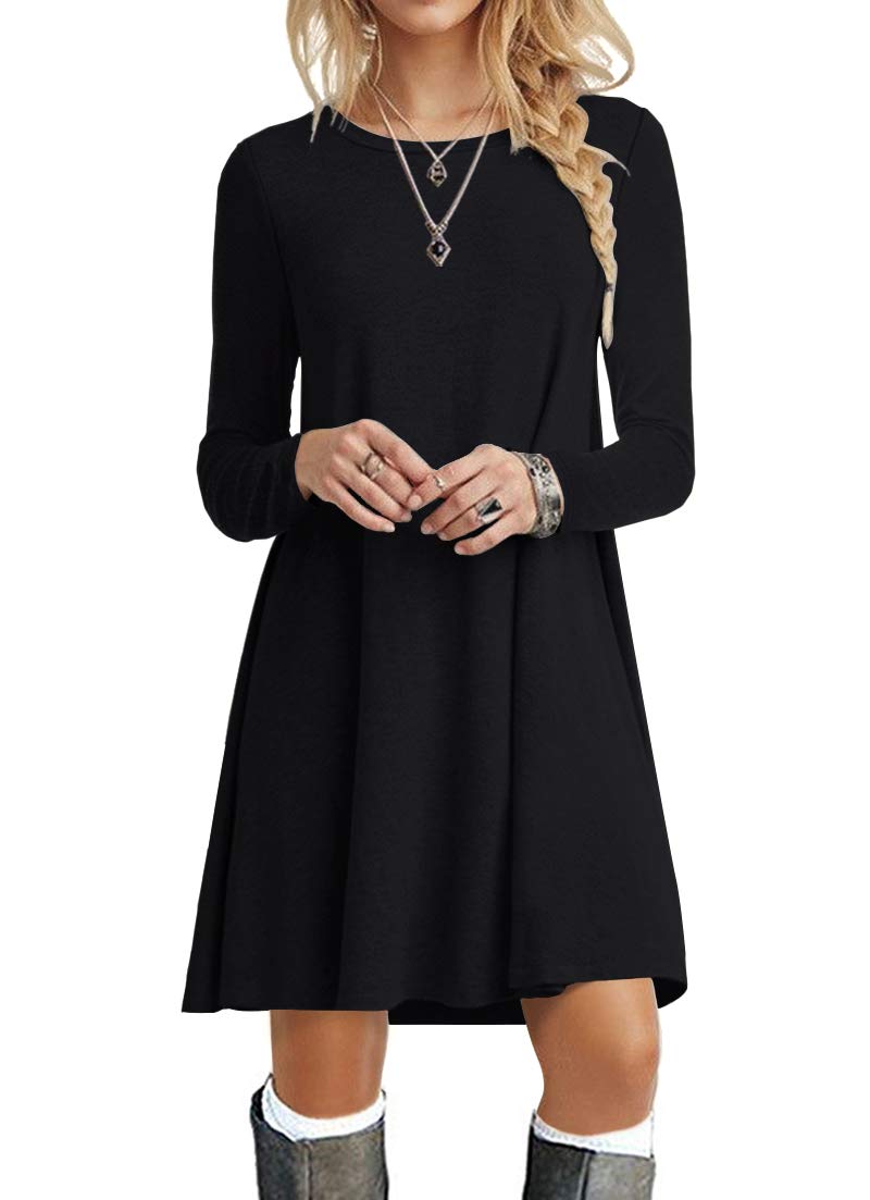 POPYOUNG Women's Long Sleeve T-Shirt Dress - Casual Swing Dress with Pockets, Comfortable Stretchy Fabric for Everyday Wear | Perfect for Work, Weekend Outings & Travel