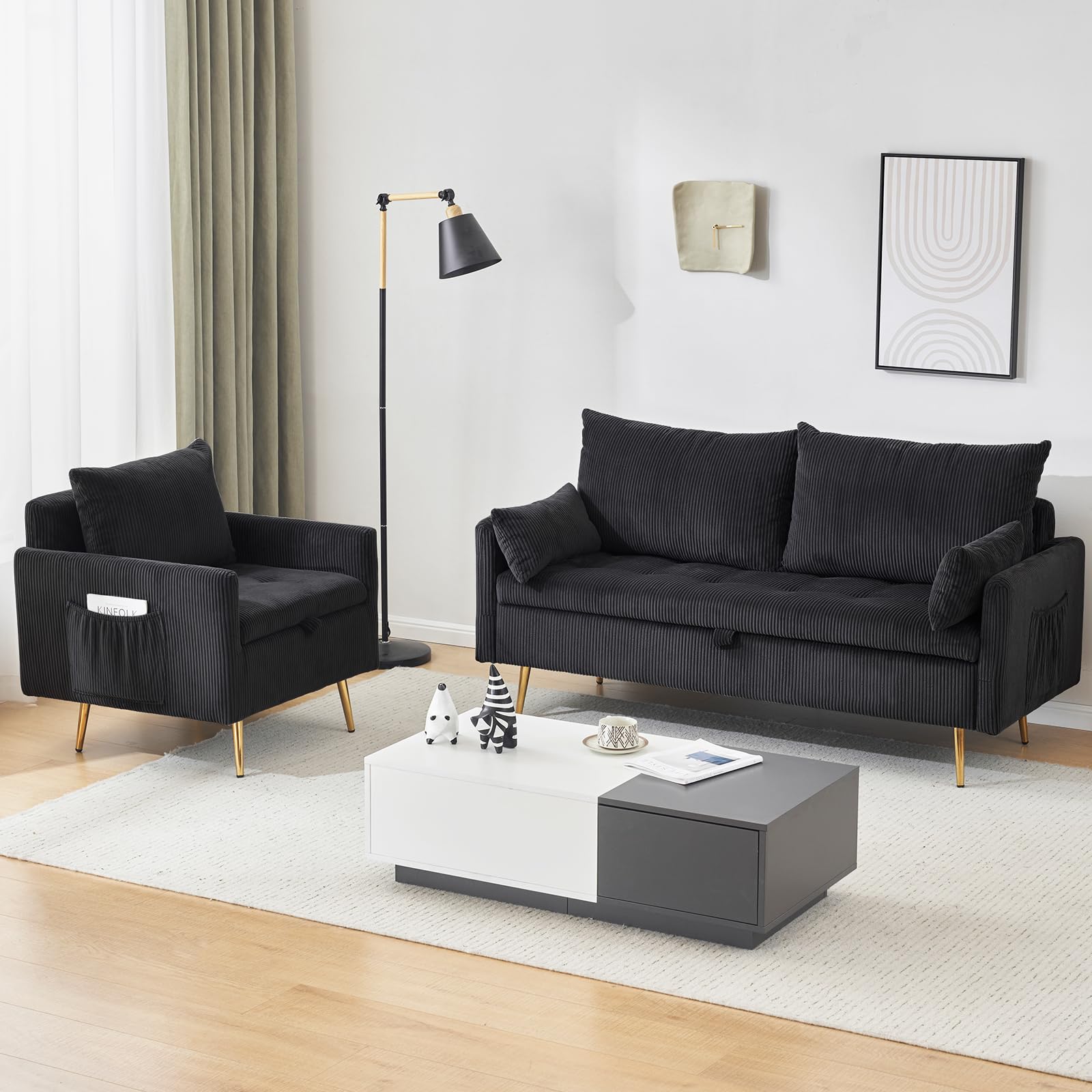 Furnimart 3-Piece Corduroy Living Room Furniture Set - Loveseat Sofa & 2 Accent Chairs for Small Spaces, Apartments, Tiny Homes | Modern Black Couch Set for Cozy Living Rooms, Studio Decor & Compact Spaces