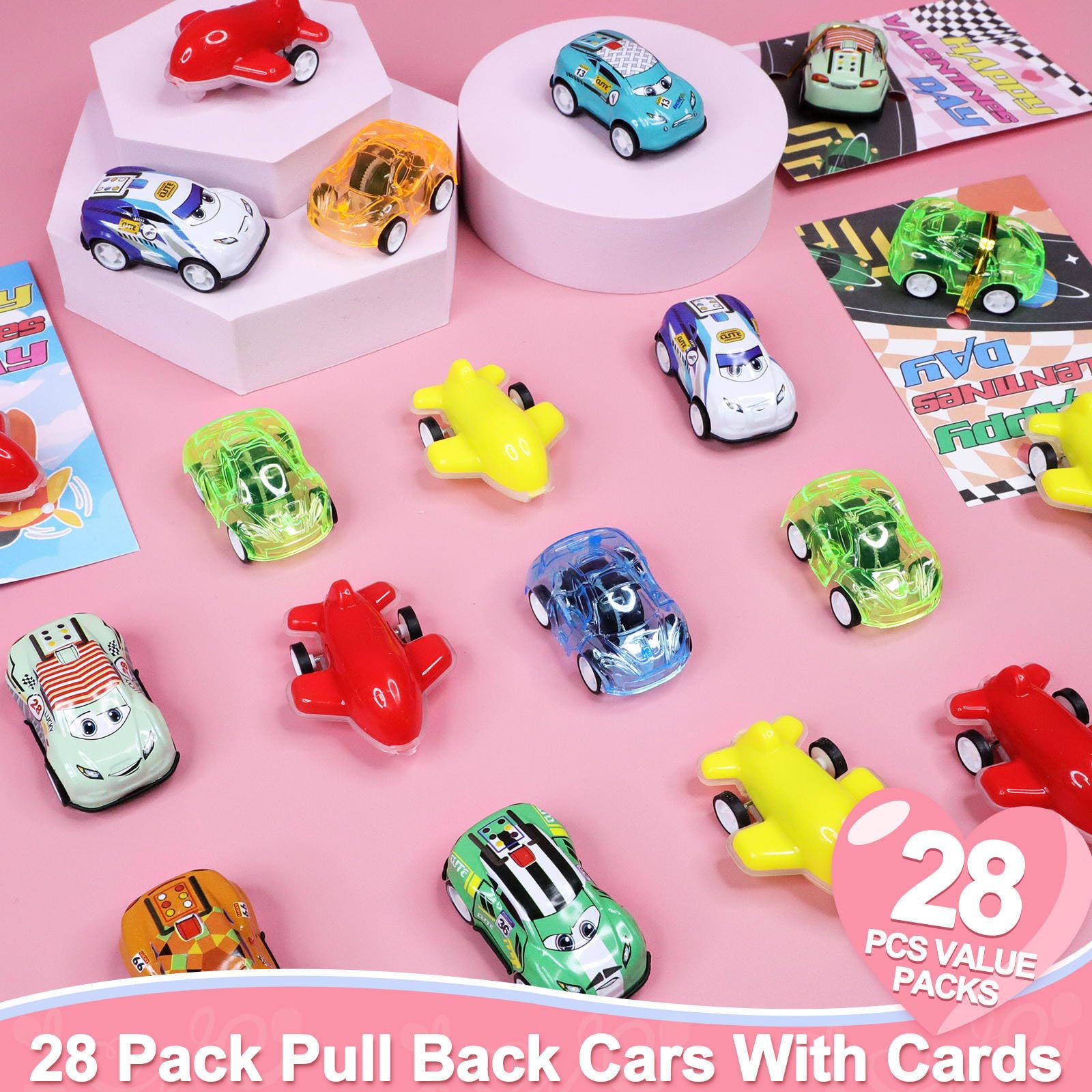 AMENON 28 Pack Valentine's Day Gifts for Kids - Valentine Cards with Pull Back Toy Cars - Classroom Party Favors, School Exchange Gifts & Birthday Goodie Bags