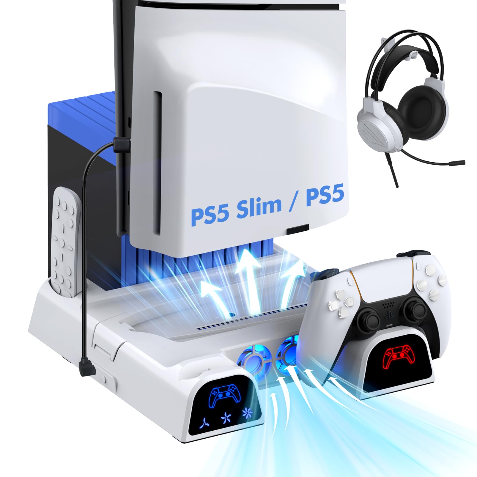 PS5 Slim & PS5 Cooling Stand with Dual Controller Charger - White Cooling Fan Station for PlayStation 5 Console | Includes Headset Holder & 11 Game Storage Slots | Perfect for Gaming Setups & Entertainment Centers