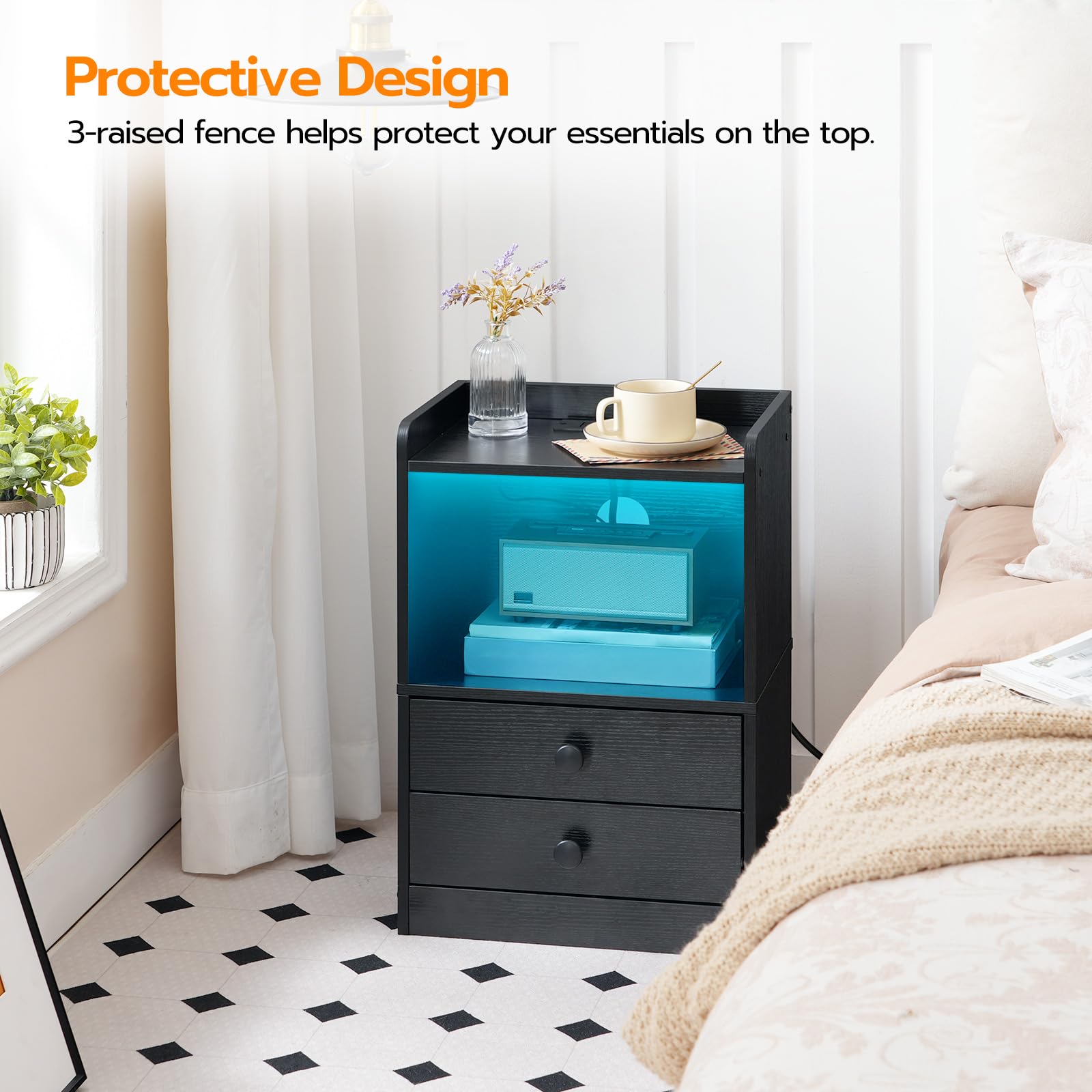 HOOBRO Modern Nightstand with Charging Station & LED Lights - 2-Drawer Bedside Table with USB Ports & Outlets - Black End Table for Bedroom (BK28UDBZ01) | Perfect for Small Spaces, Apartment Living & Contemporary Home Decor