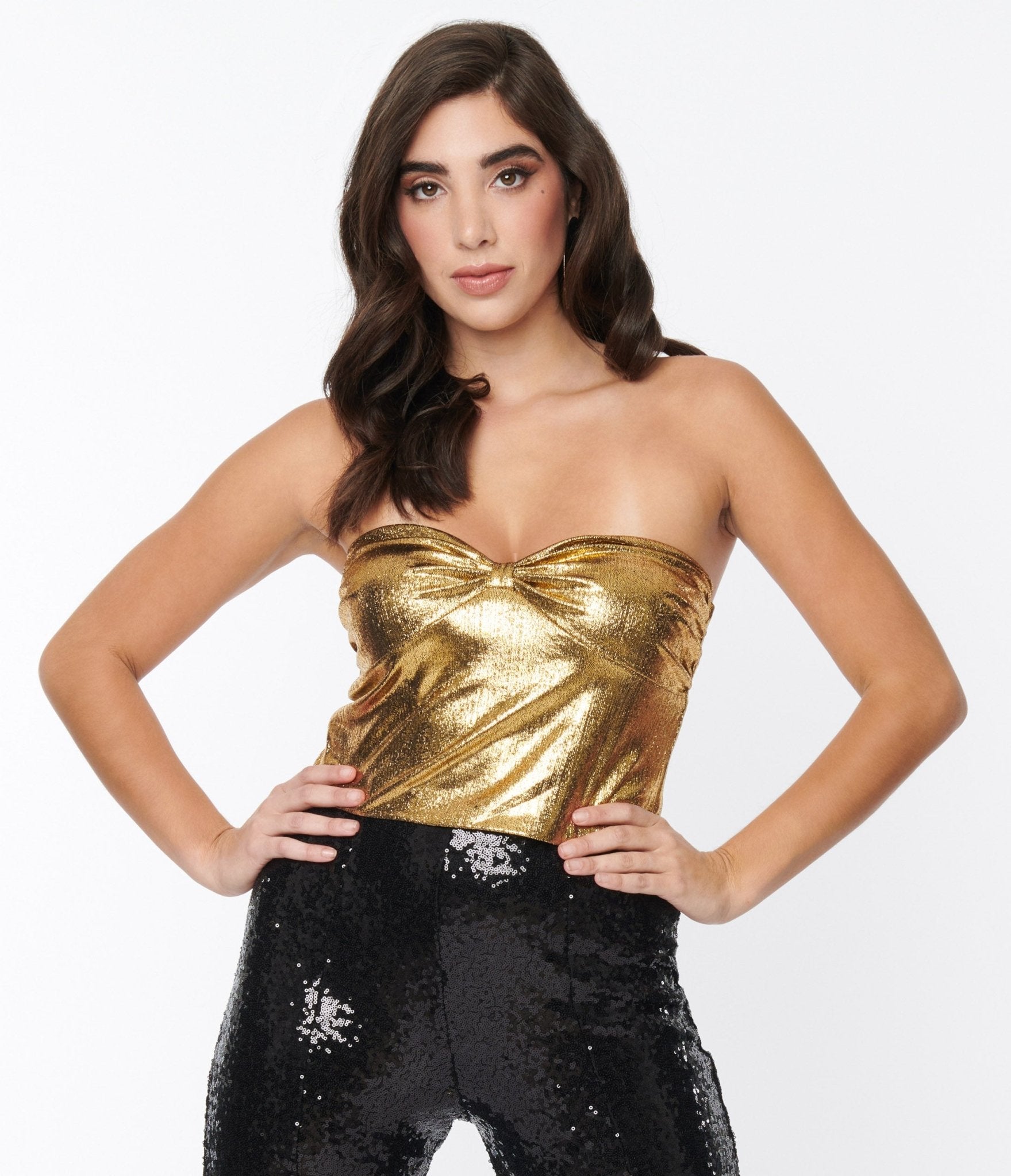 Liquid Gold Metallic Tube Top Women's Fashion Stretch Sleeveless Shirt for Party, Club, Night Out, and Summer Wear