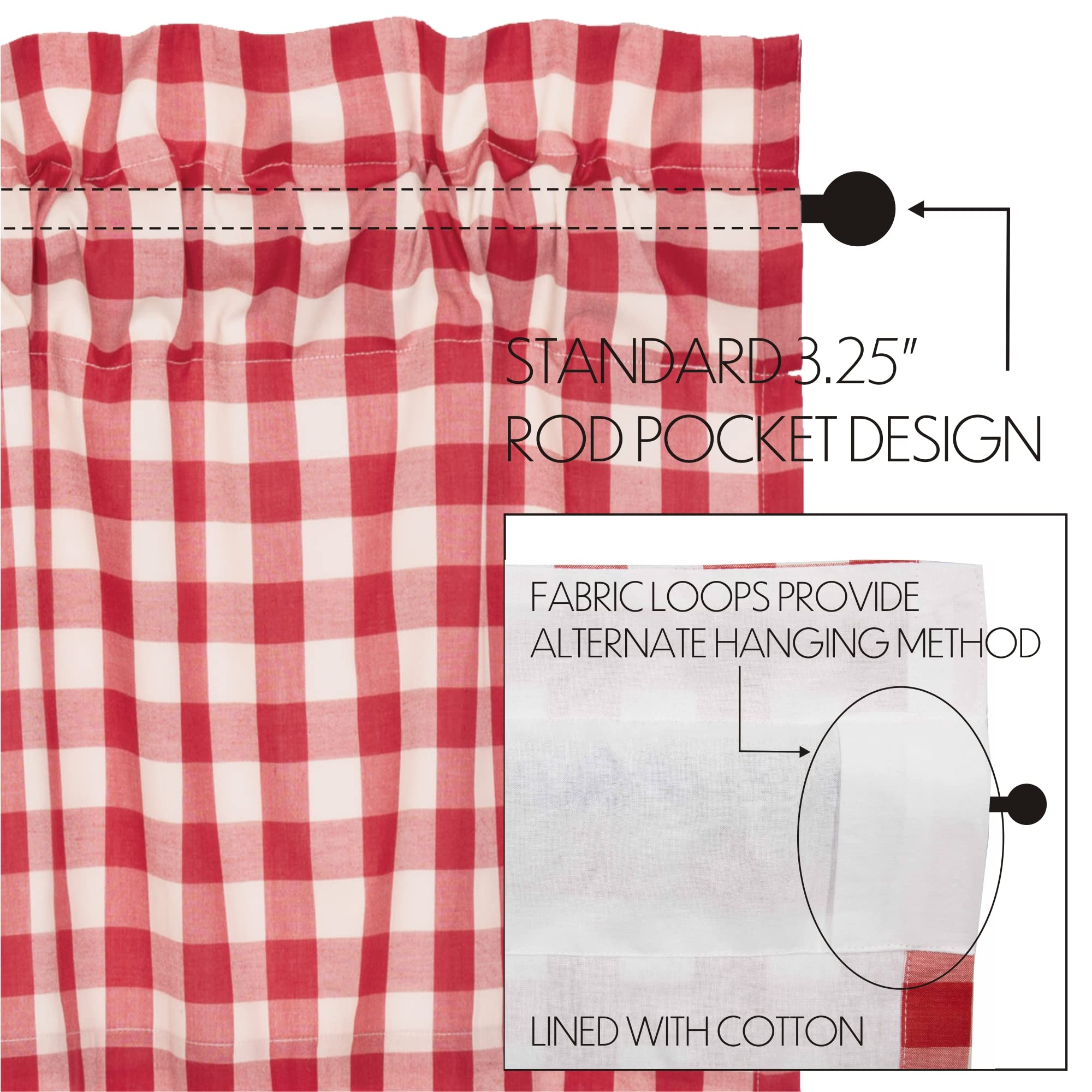 Farmhouse Red Buffalo Check Cotton Kitchen Curtains - 16x60 Inch Rod Pocket Valance with Hanging Loops - Perfect for Country Style Windows, Dining Room & Cozy Home Decor