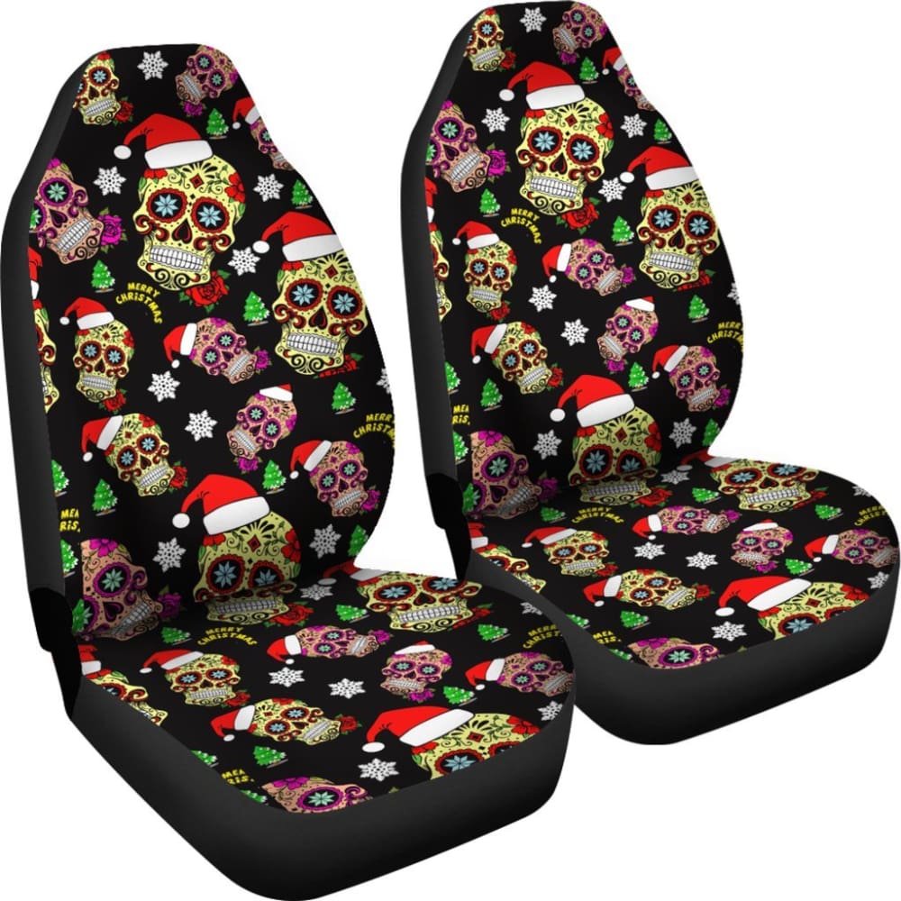 2 Pcs Christmas Sugar Skull Car Seat Covers - Gothic Dia de Los Muertos Style - Universal Fit for Cars, Trucks & SUVs - Perfect for Holiday Decorations & Day of the Dead Celebrations