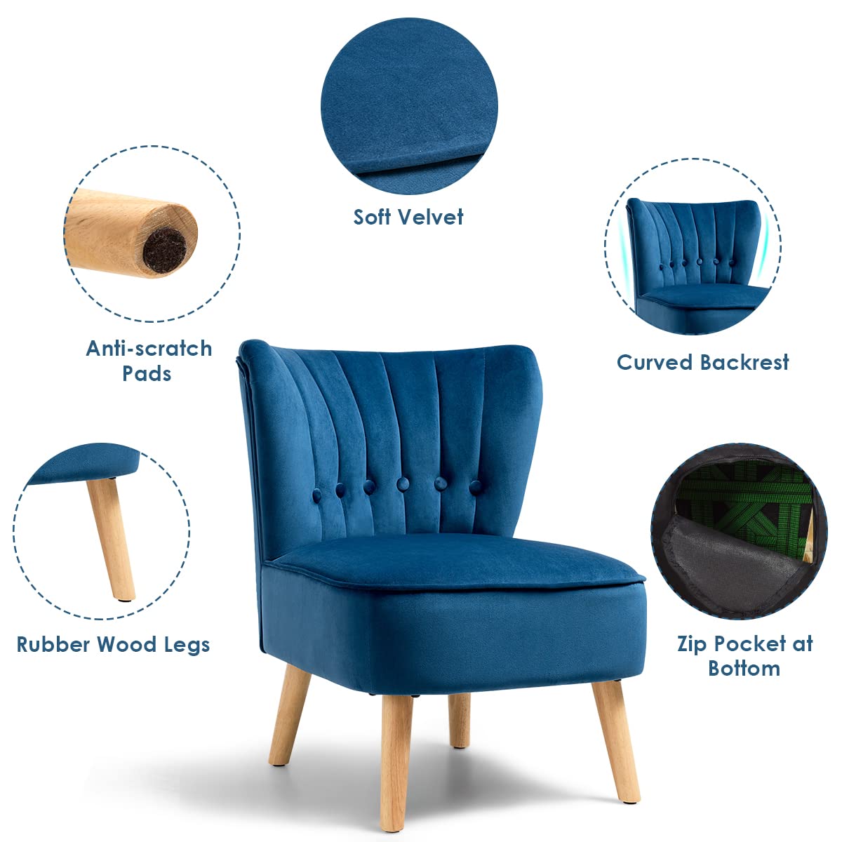 Velvet Wingback Accent Chair - Armless Club Chair with Solid Rubber Wood Legs & Thick Padded Seat, Upholstered Leisure Sofa for Living Room, Bedroom, Guest Room, Coffee Shop - Perfect for Reading Nook, Home Office, Lounge Area (Blue)