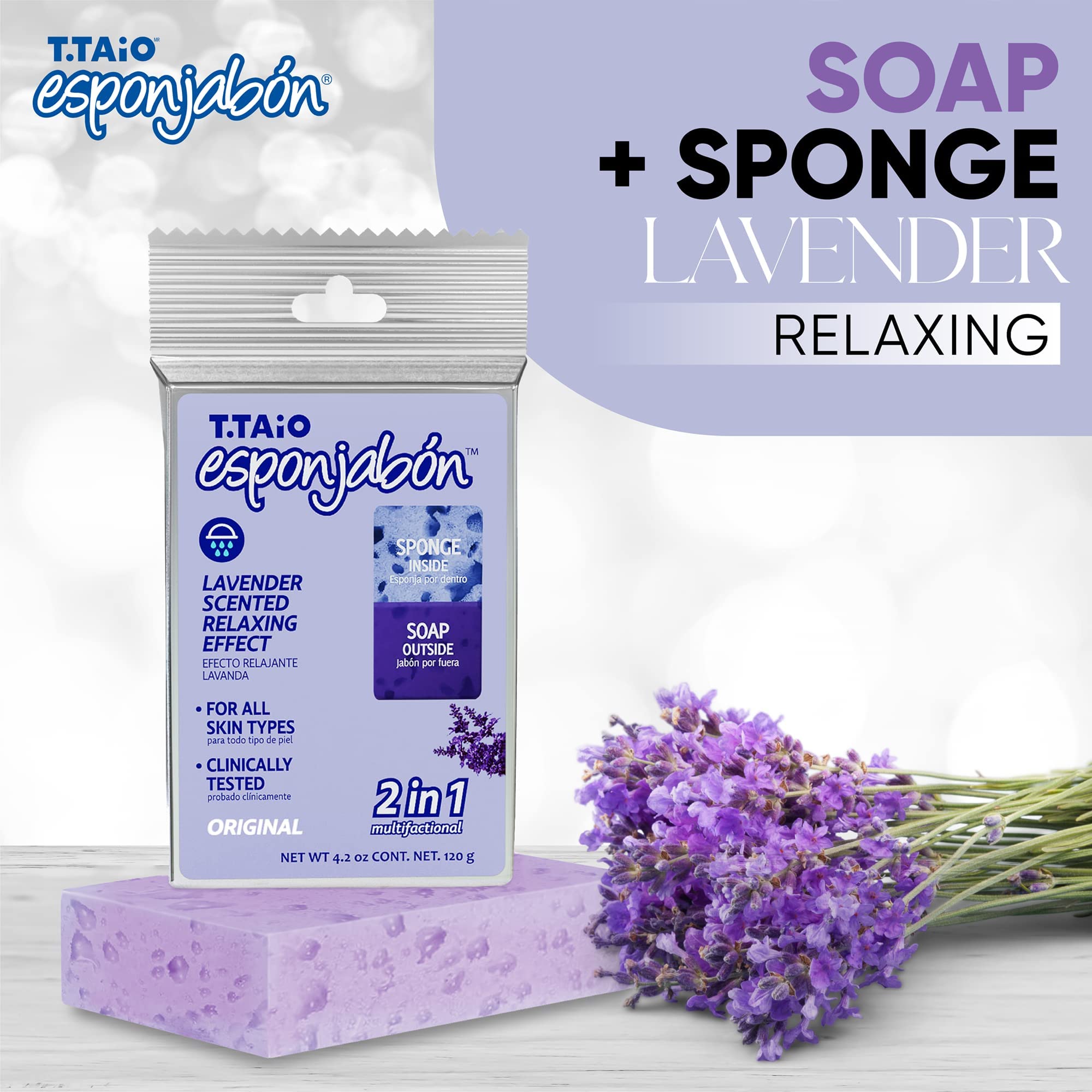 T.Taio Exfoliating Soap Sponge - Deep Cleansing Shower Scrubber for Face, Body & Feet - Oil Removal & Dead Skin Exfoliation - Lavender Scented Bath Accessories - Perfect for Spa Day, Dry Skin Care & Relaxing Shower Routine