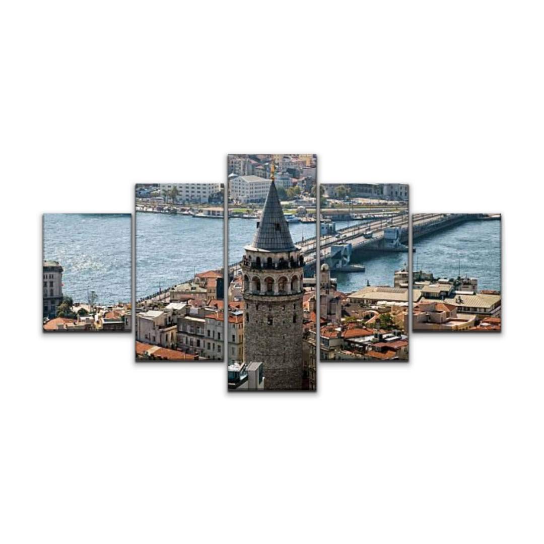 Skipvelo 5-Panel Wall Art Canvas Print - Stretched & Framed Istanbul Galata Tower Painting, Ready to Hang Home Decor | Perfect for Living Room, Bedroom & Office Wall Decoration