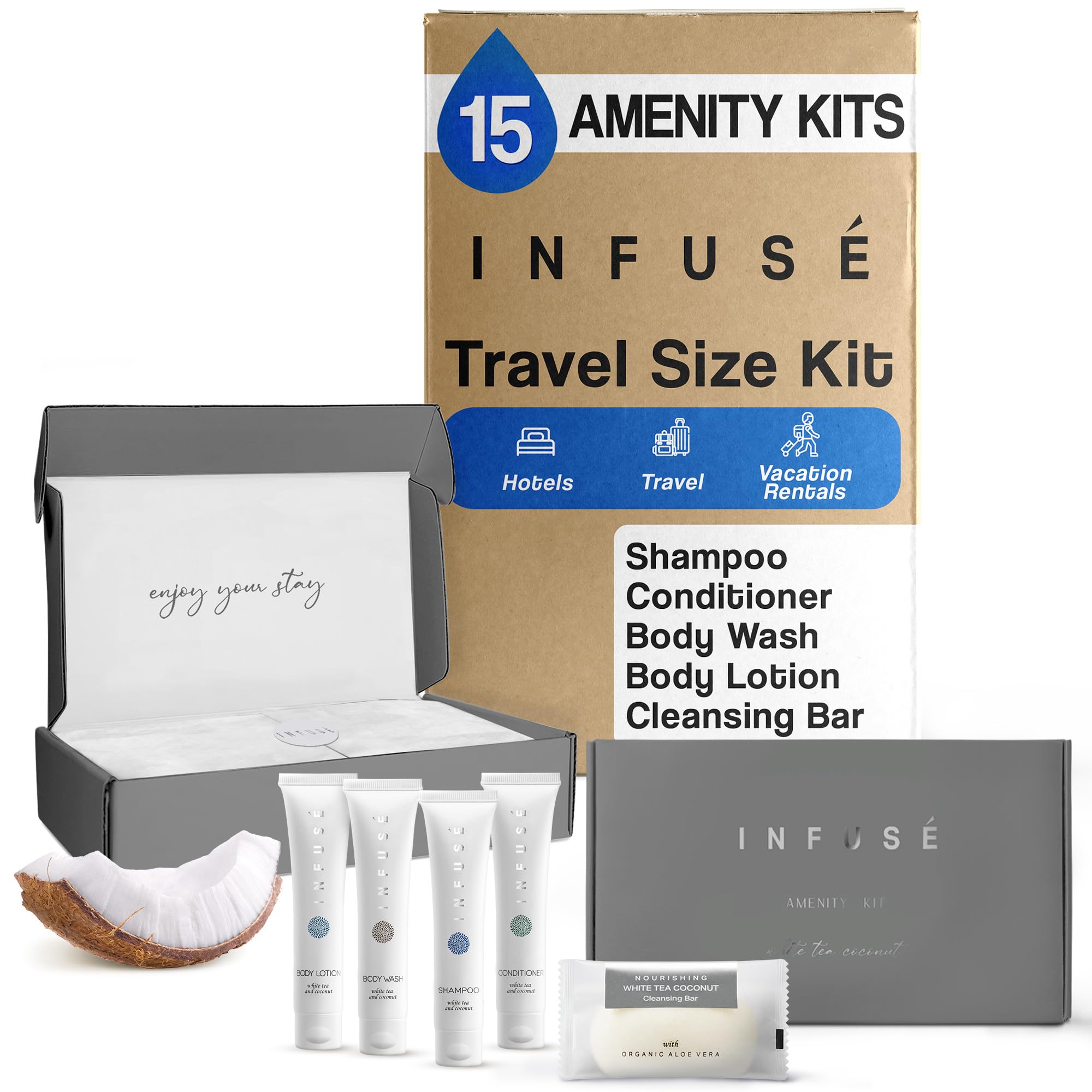 Infuse Amenity Kit - Bulk Hotel Toiletries Set (1 oz Shampoo, Conditioner, Lotion, Body Wash & Bar Soap) - 15 Sets/Case for Hospitality, Vacation Rentals & Guest Amenities - Perfect for Hotels, Resorts, Airbnbs & Travel Essentials