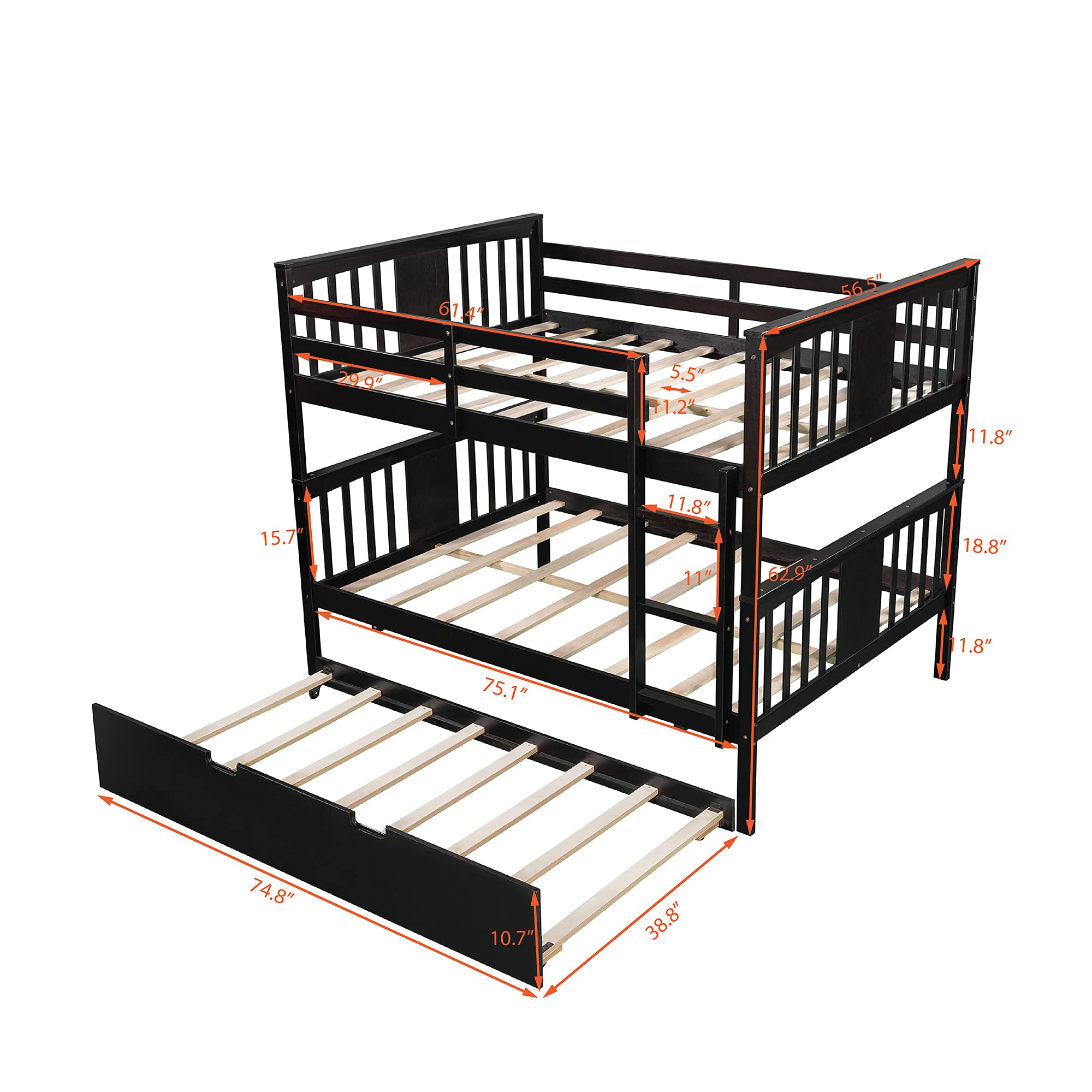 Full Over Full Bunk Bed with Twin Trundle - Solid Wood Bunk Bed Frame with Safety Guard Rails & Ladder for Kids, Teens & Adults - Converts to 2 Separate Beds - No Box Spring Needed - Espresso Finish - Perfect for Kids' Bedrooms, Guest Rooms & Small Spaces