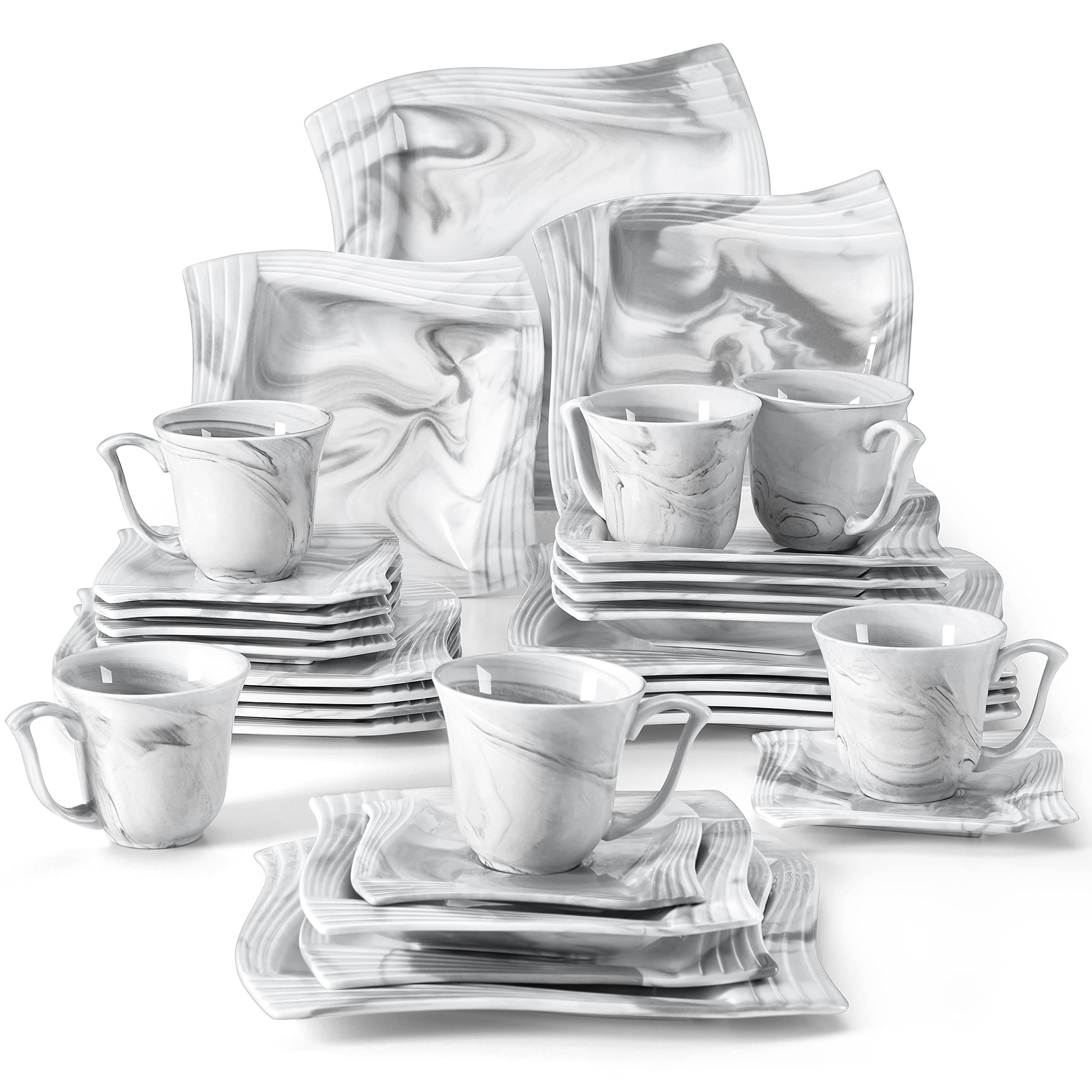 MALACASA 30-Piece Marble Gray Porcelain Dinnerware Set - Plates, Bowls, Cups & Saucers for 6 People, Elegant Serving Dishes for Dining, Entertaining & Special Occasions | Amparo Series