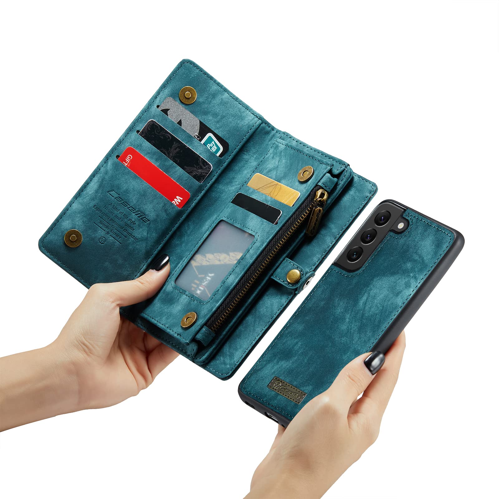 Genuine Leather Magnetic Wallet Case for Samsung Galaxy S21 (2021) - Detachable Cover with RFID Blocking, Card Slots & Zipper Purse | Perfect for Business, Travel & Everyday Protection (Blue)