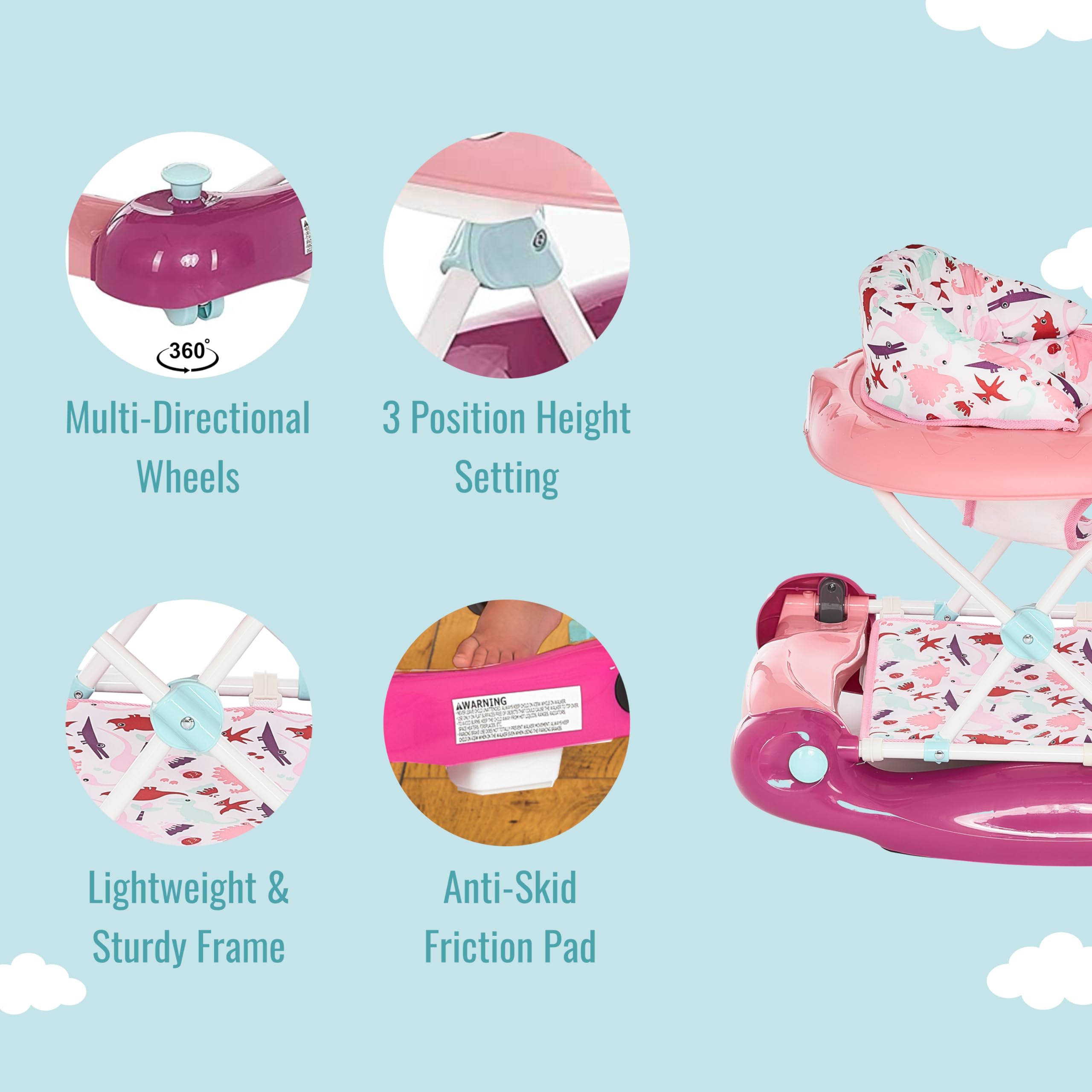 Dream On Me Baby Steps Baby Walker in Pink - Adjustable 3-Position Height, Removable Tray & Foldable Design for Easy Storage | Perfect for Learning to Walk, Indoor Play & Parent-Assisted Baby Mobility