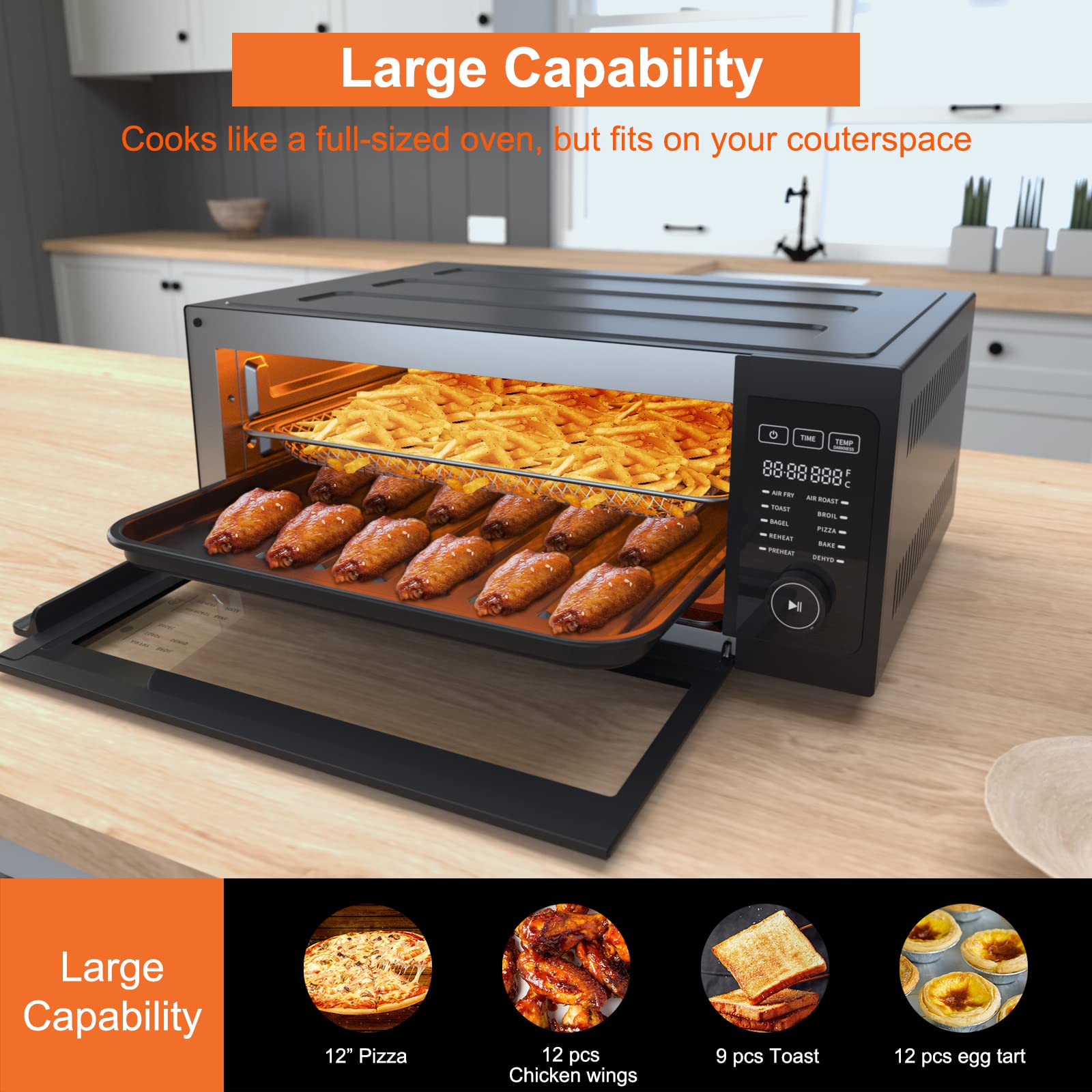 Fabuletta 10-in-1 Air Fryer Toaster Oven Combo - 1800W Countertop Convection Oven with Flip-Up Design for Space Saving | Oil-Free Cooking for 12