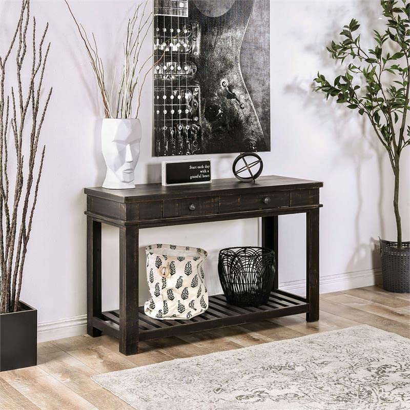 Furniture of America Salix Rustic Solid Wood Storage Sofa Table in Black - Rustic End Table with Storage Shelf for Living Room, Bedroom & Entryway