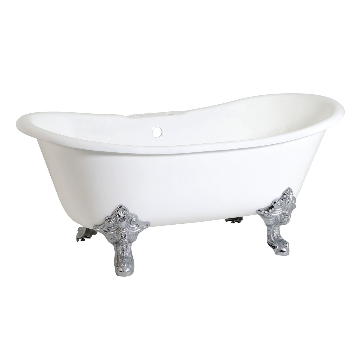 Aqua Eden 67 Inch White Cast Iron Oval Double Slipper Clawfoot Bathtub with Polished Chrome Faucet Drillings - Vintage Freestanding Soaking Tub for Luxury Bathroom & Spa Retreat