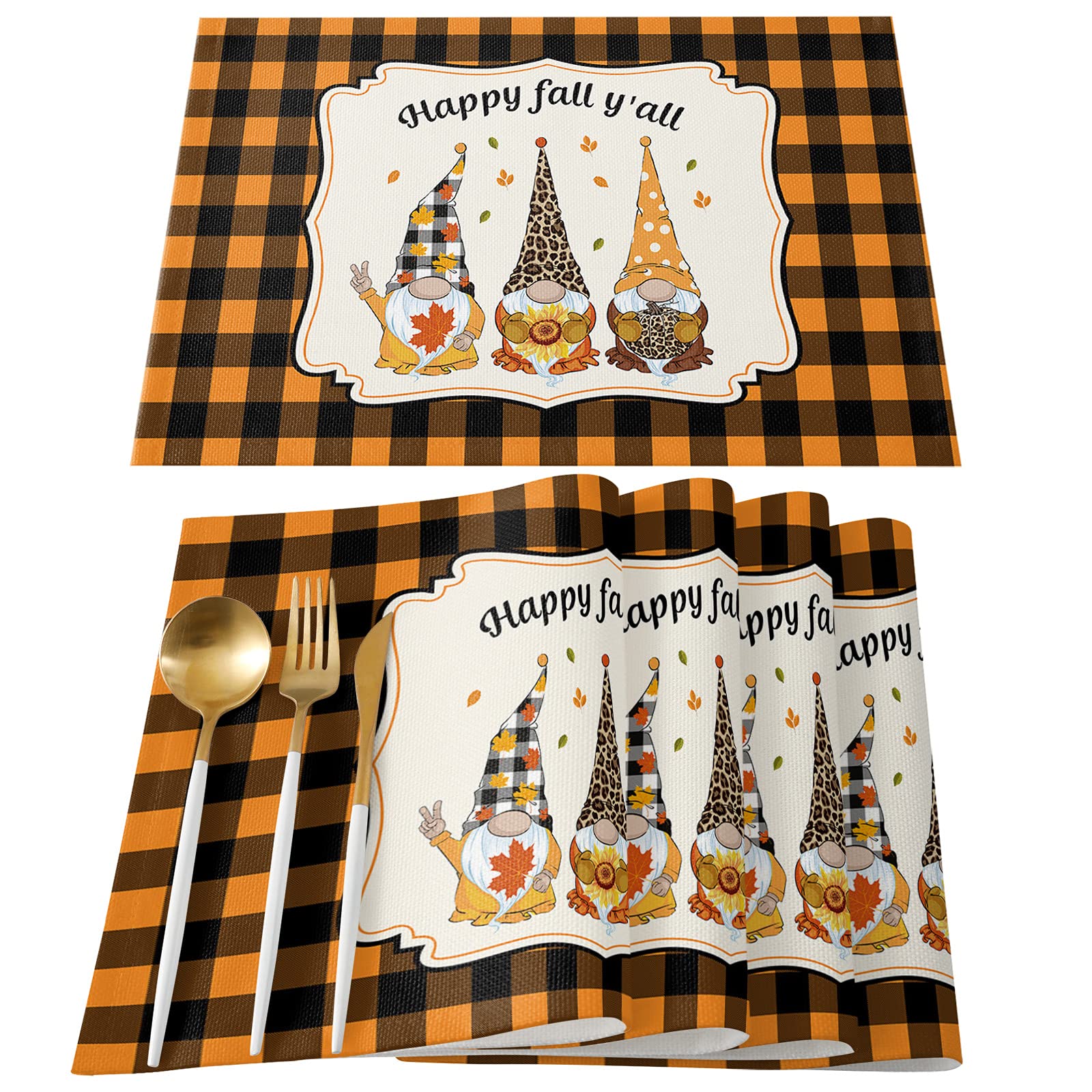 LooPoP Set of 4 Washable Pumpkin Farm Gnome Placemats - Heat-Proof Dining Table Mats for Kitchen, Dinner, Banquet & Thanksgiving Decor - Fall Harvest Buffalo Plaid Design - Perfect for Holiday Gatherings, Family Meals and Autumn Home Decor