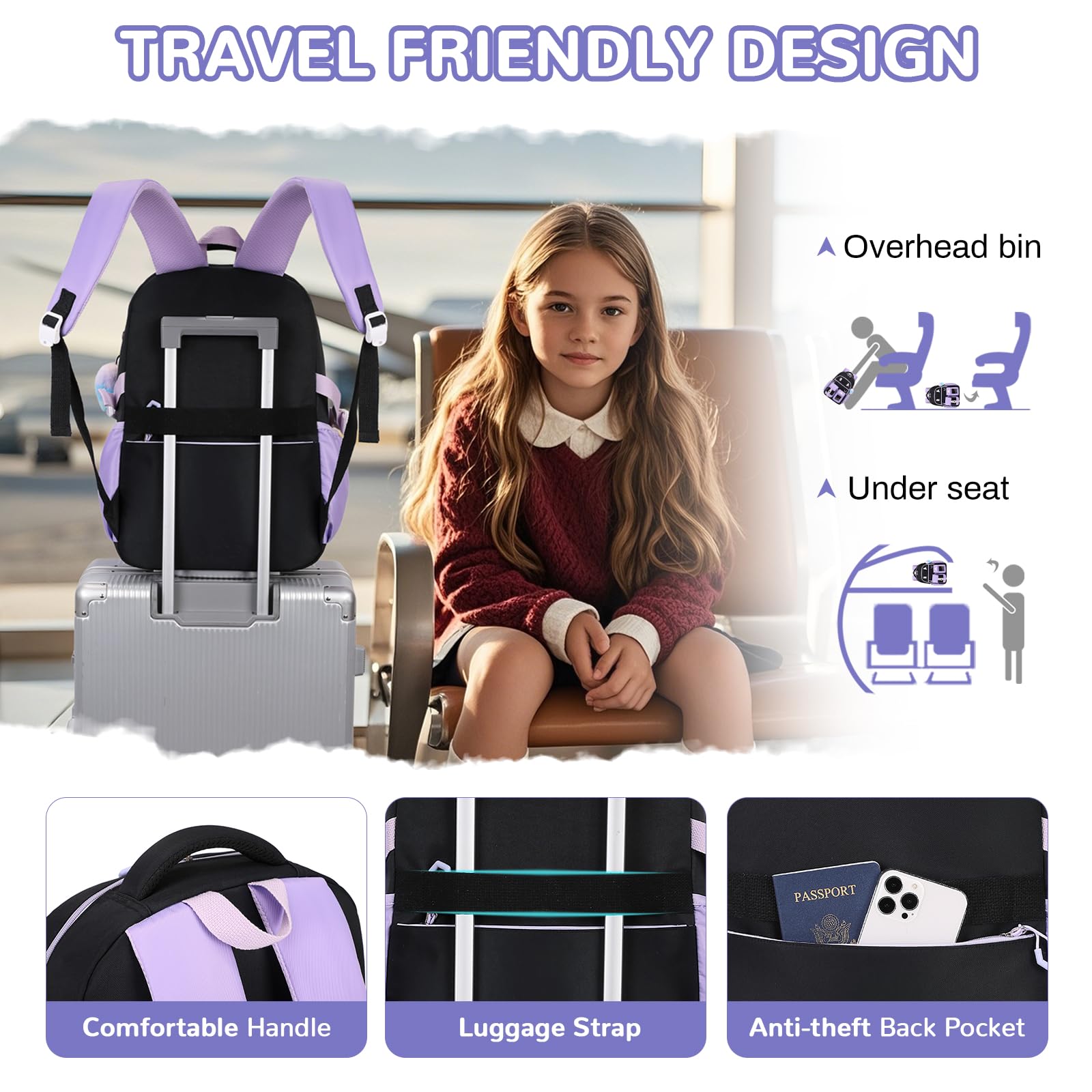 Cute Girls Backpack for School - Water Resistant Kids Bookbag with Multiple Pockets for Elementary Students Ages 6-14, Black & Purple - Perfect for Daily School Use, Travel & Outdoor Activities