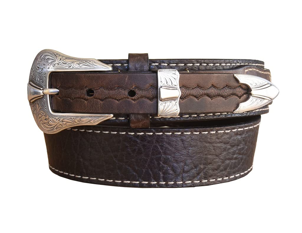 Vintage Bison Leather Western Belt for Men - Hand-Tooled Stitch Design, 34