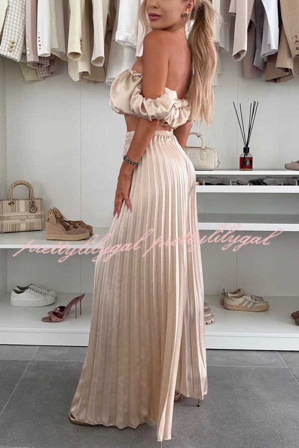 Jorie Women's Satin Off-Shoulder Puff Sleeve Crop Top & High-Waisted Pleated Wide Leg Pants Set - Elegant Two Piece Outfit for Date Night, Party & Special Occasions