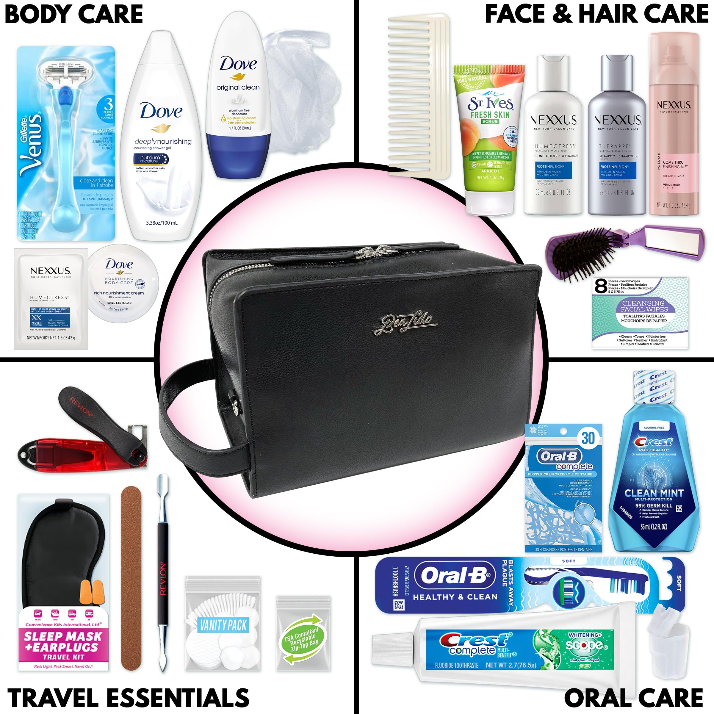 Premium 25-Piece Women's Travel Kit with Nexxus Hair Care & Body Products - Luxury Leather Toiletry Bag for Vacation, Business Trips & Gifts (824)