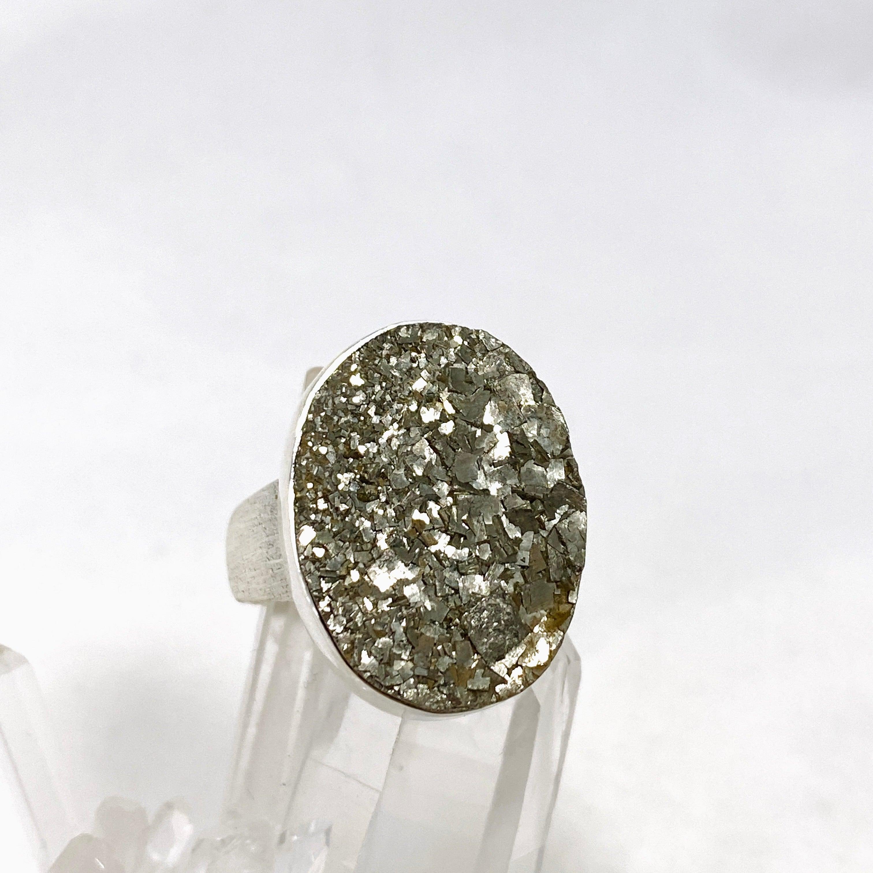 Natural Pyrite Raw Oval Ring with Brushed Silver Band - Size 9 - KRGJ3194 - Perfect for Boho Jewelry Lovers & Crystal Healing Enthusiasts