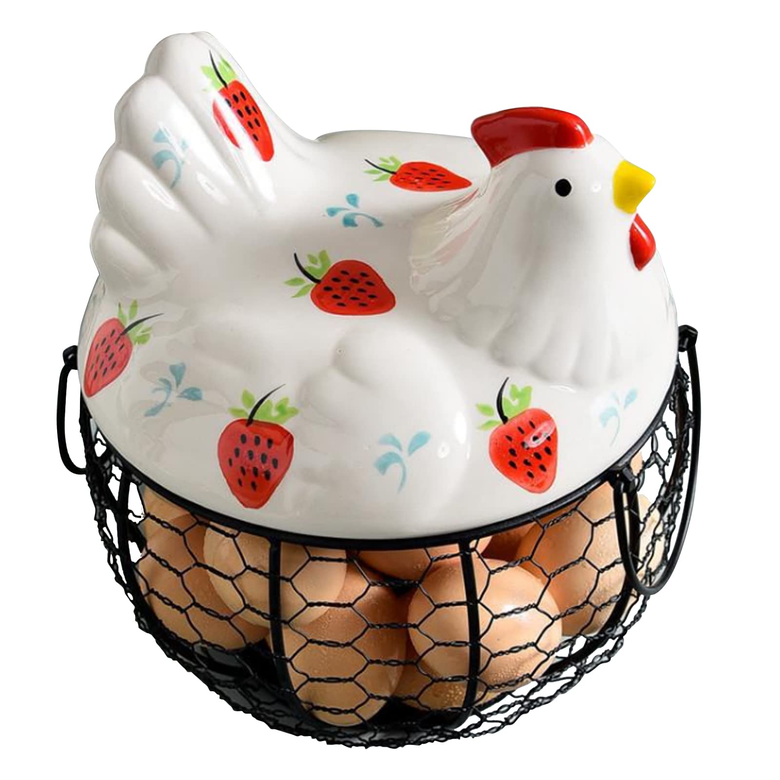 Creative Ceramic Egg Basket with Metal Handle - White Strawberry Pattern Chicken Top Storage Basket for Eggs, Fruits & Potatoes - Rustic Kitchen Decor for Farmhouse, Country Style Homes & Gift Ideas
