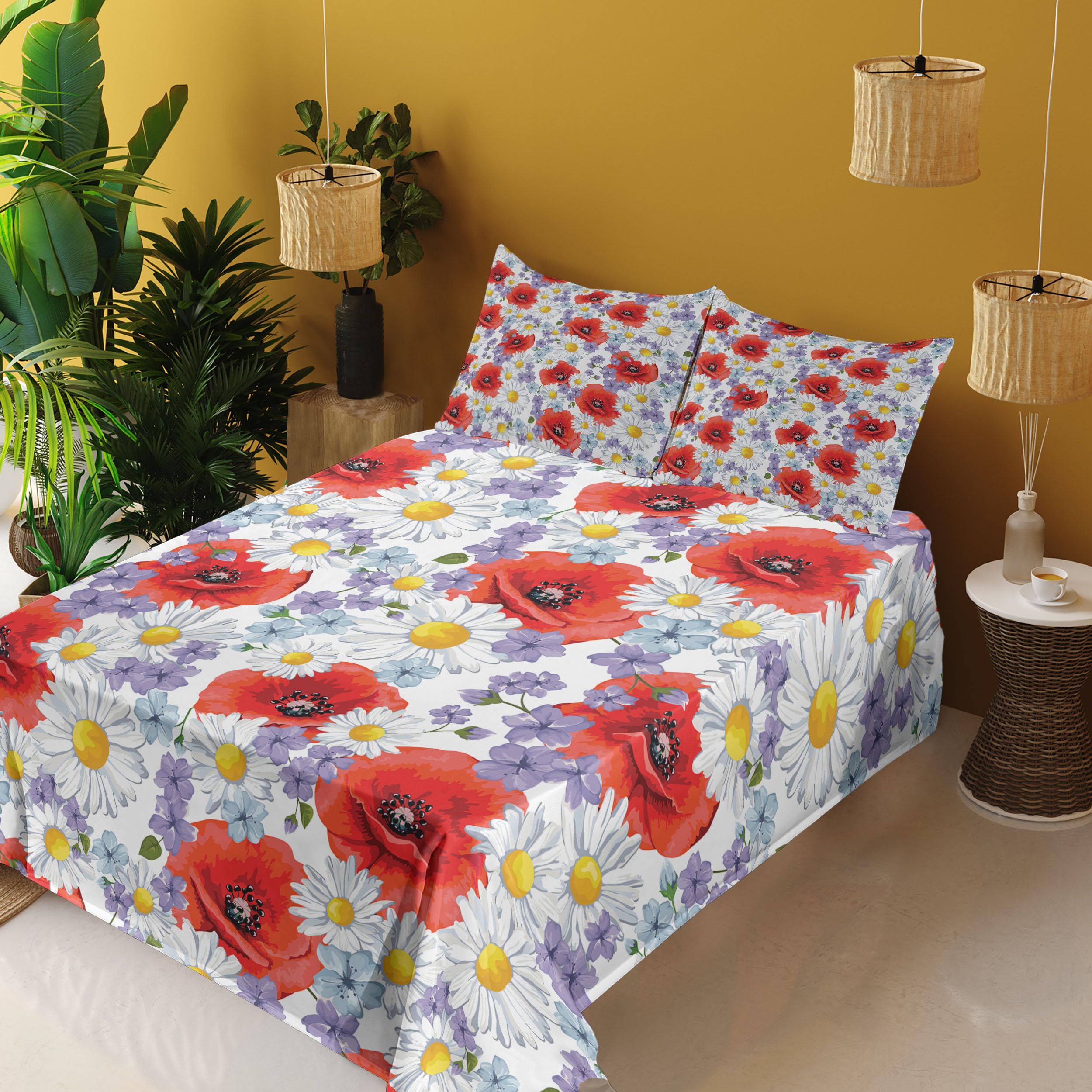 Ambesonne Floral Bedding Set - 4 Piece King Size with Purple Poppy & Daisy Wildflowers Design, Fitted & Flat Sheets + Pillowcases - Lavender & Scarlet Summer Nature Theme | Perfect for Guest Rooms, Master Bedrooms & Bohemian Home Decor