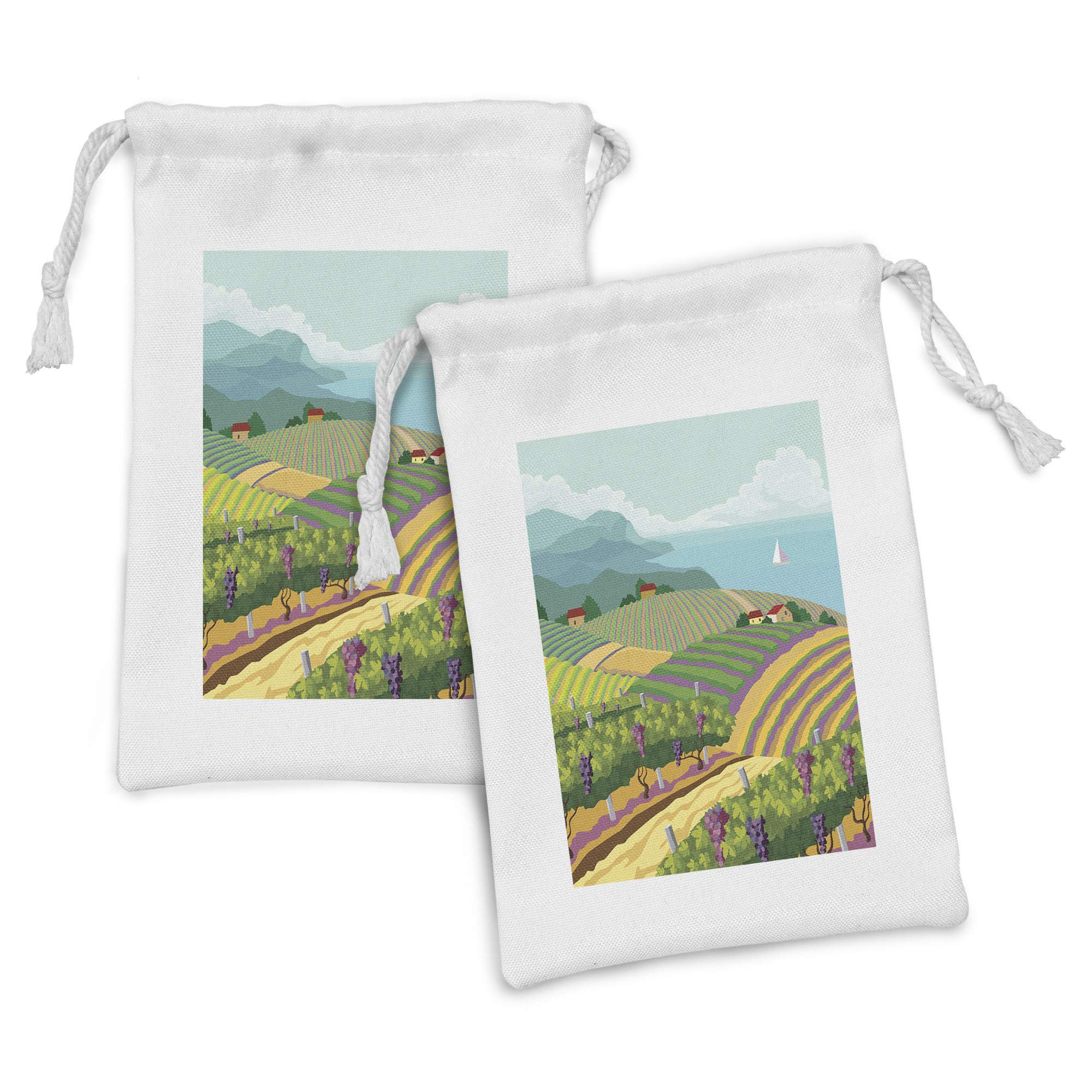 Ambesonne Vineyard Fabric Pouch Set of 2 - Scenic Grape Plantation Drawstring Bags for Toiletries, Travel & Gifts (9