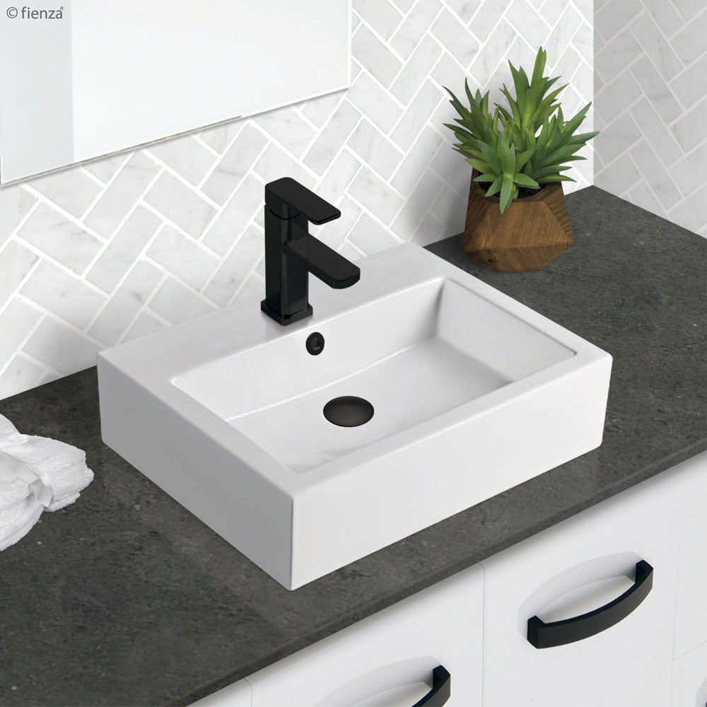 Fienza RB07N Modena White Gloss Above Counter Bathroom Sink with Single Tap Hole - Perfect for Modern Vanities, Guest Bathrooms & Small Spaces