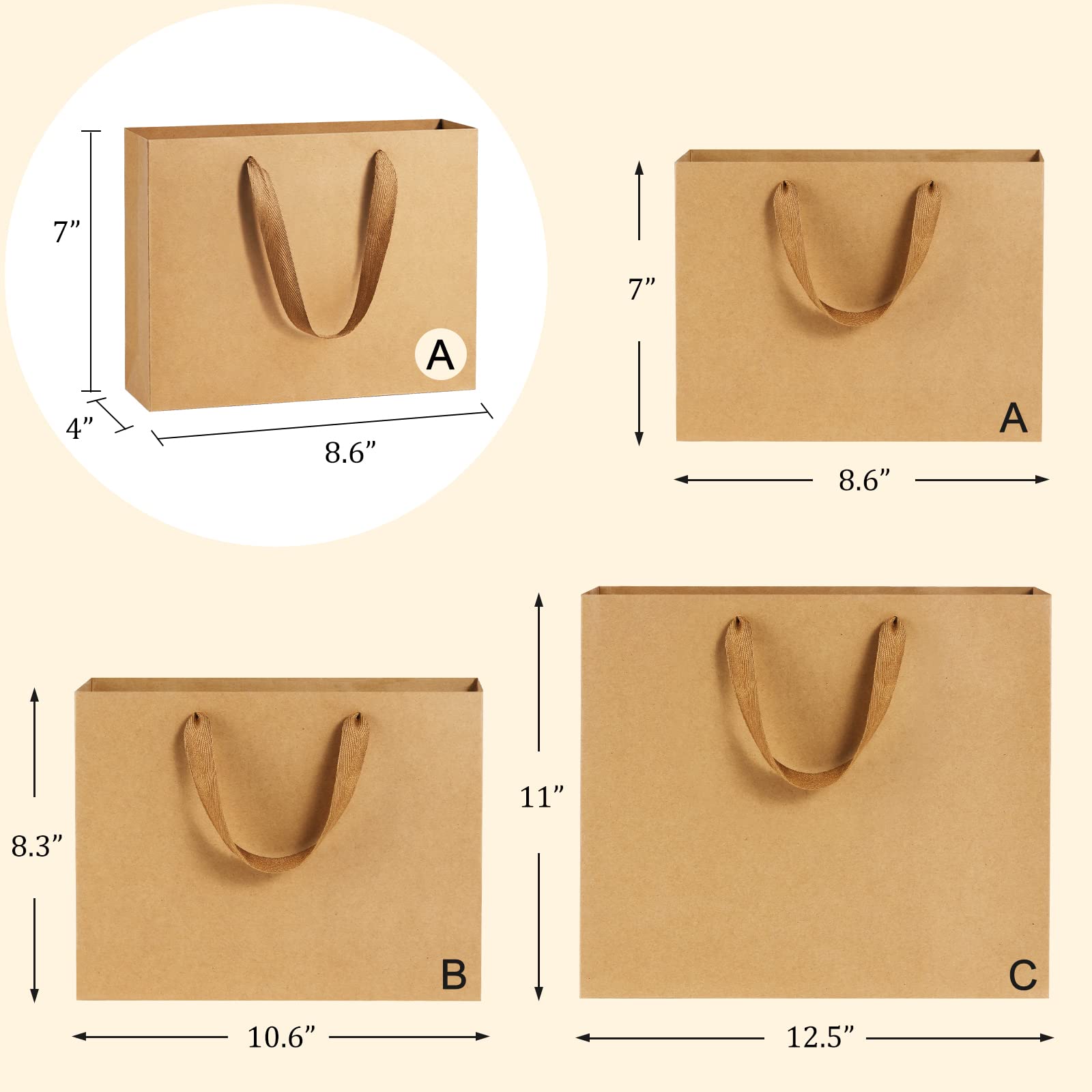 **25-Pack Heavy Duty Brown Kraft Paper Bags with Soft Cloth Handles - 8.6x4x7 Inches - Perfect for Party Favors, Retail Merchandise & Gift Packaging**