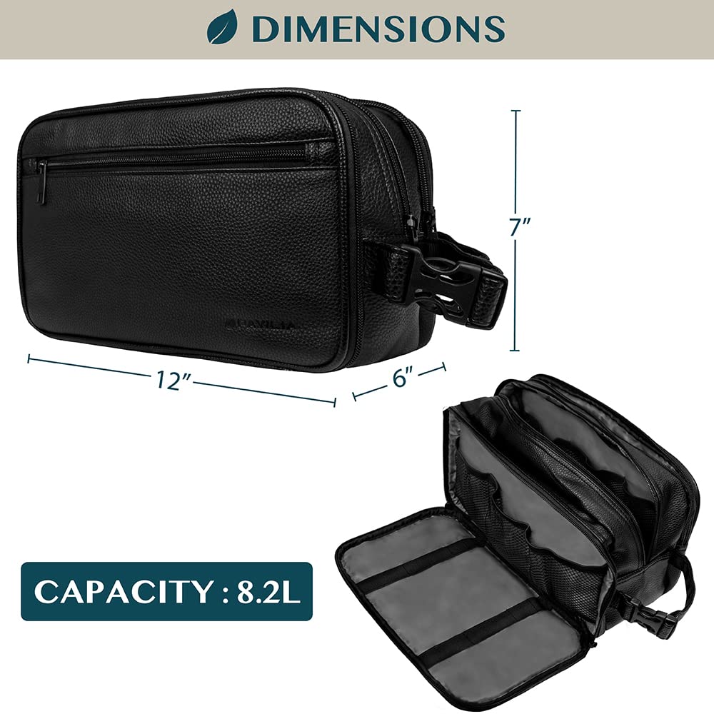 PAVILIA Men's Travel Toiletry Bag - Waterproof PU Leather Dopp Kit Organizer for Shaving, Cosmetics & Grooming Essentials | Perfect for Business Trips, Gym & Vacation (Black)