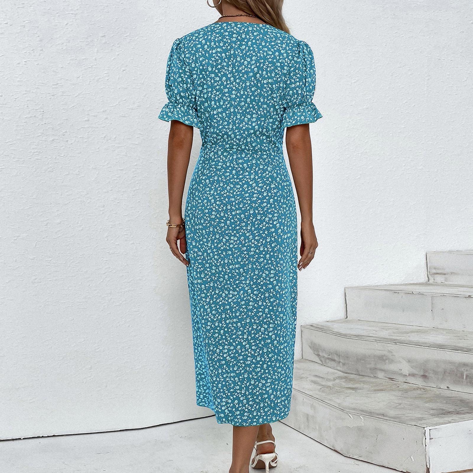 2024 Trendy Women's Beach Dresses - Elegant Wrap V-Neck Floral Boho Maxi Dress with Ruched Detail | Perfect for Summer Vacations, Hawaiian Parties & Boho Chic Outfits