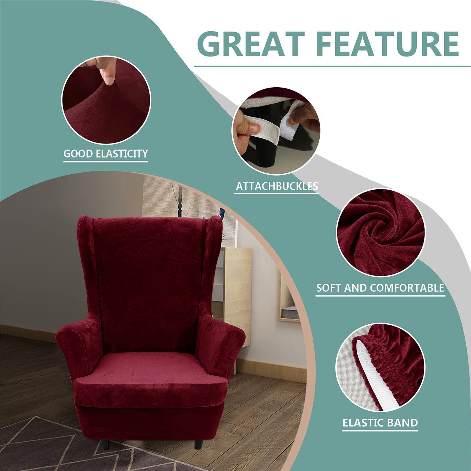 Velvet Wingback Chair Slipcover 2-Piece Set - Stretch Plush Wing Chair Covers with Cushion Cover, Furniture Protector for Living Room & Bedroom - Wine Red