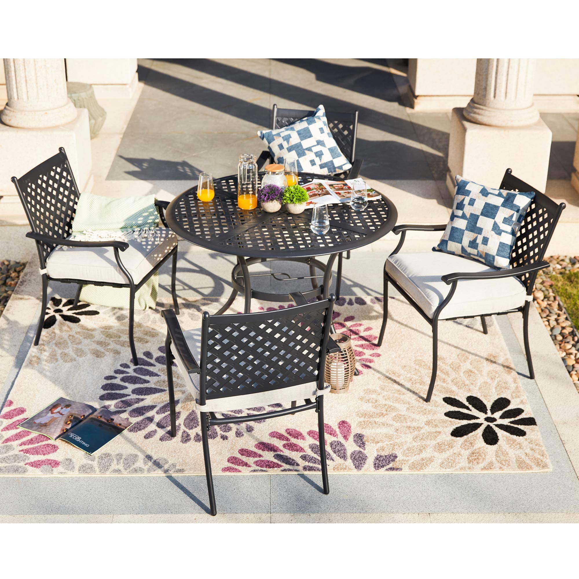 LOKATSE HOME 4-Piece Outdoor Patio Dining Set - Wrought Iron Metal Chairs with Arms & Beige Cushions - Perfect for Garden, Backyard, Poolside & Patio Furniture